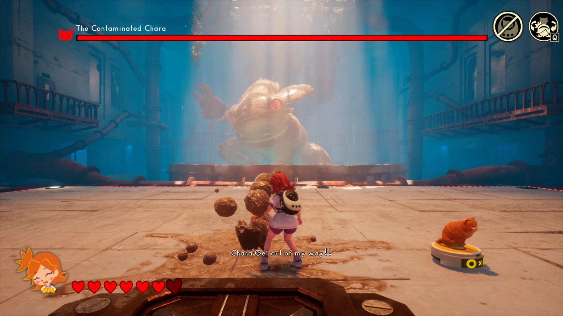 Always With You: Chara facing giant frog boss in industrial arena with cat on robotic platform