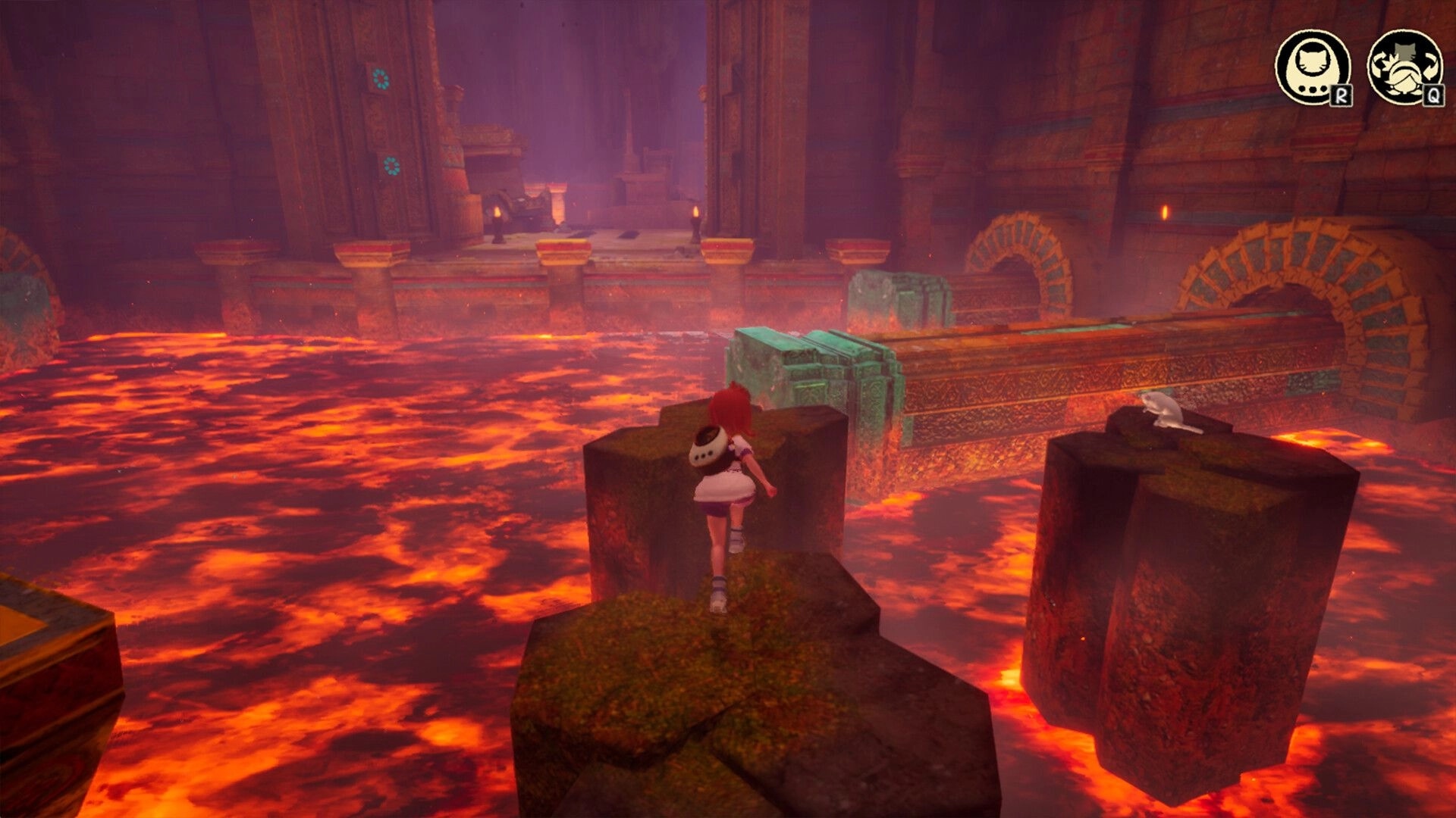 Always With You: Girl and cat navigating platforms over lava in ancient temple environment