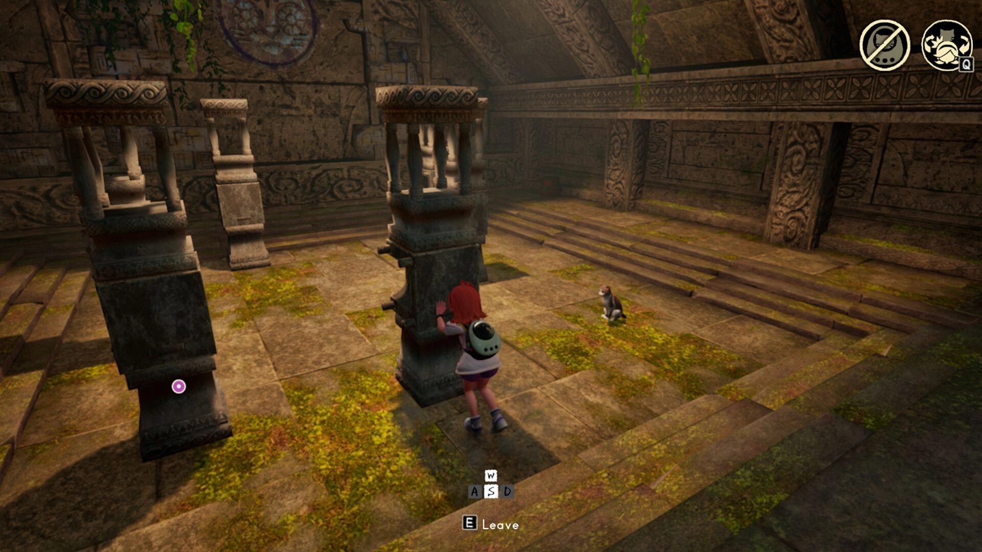 Always With You: Girl pushing pillar with cat observing in ancient temple ruins