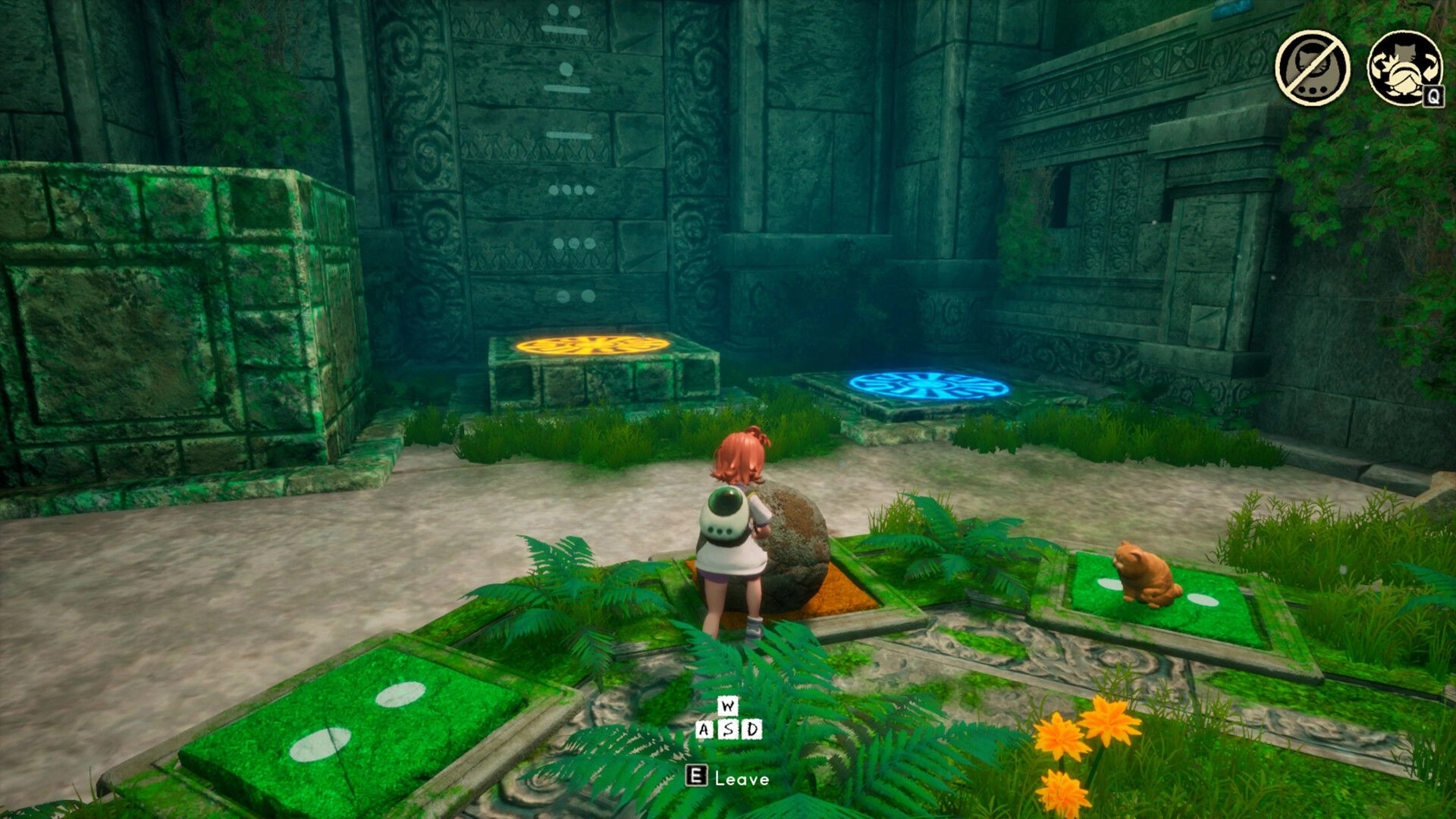 Always With You: Girl and cat solving puzzle in ancient ruin with glowing platforms and stone walls
