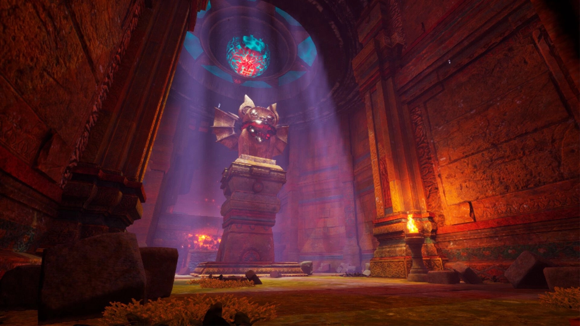 Always With You: Ancient temple interior with glowing orb above and stone statue bathed in mystical light