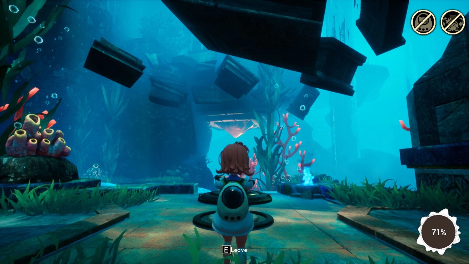Always With You: Girl and cat explore underwater ruins with floating platforms and coral structures