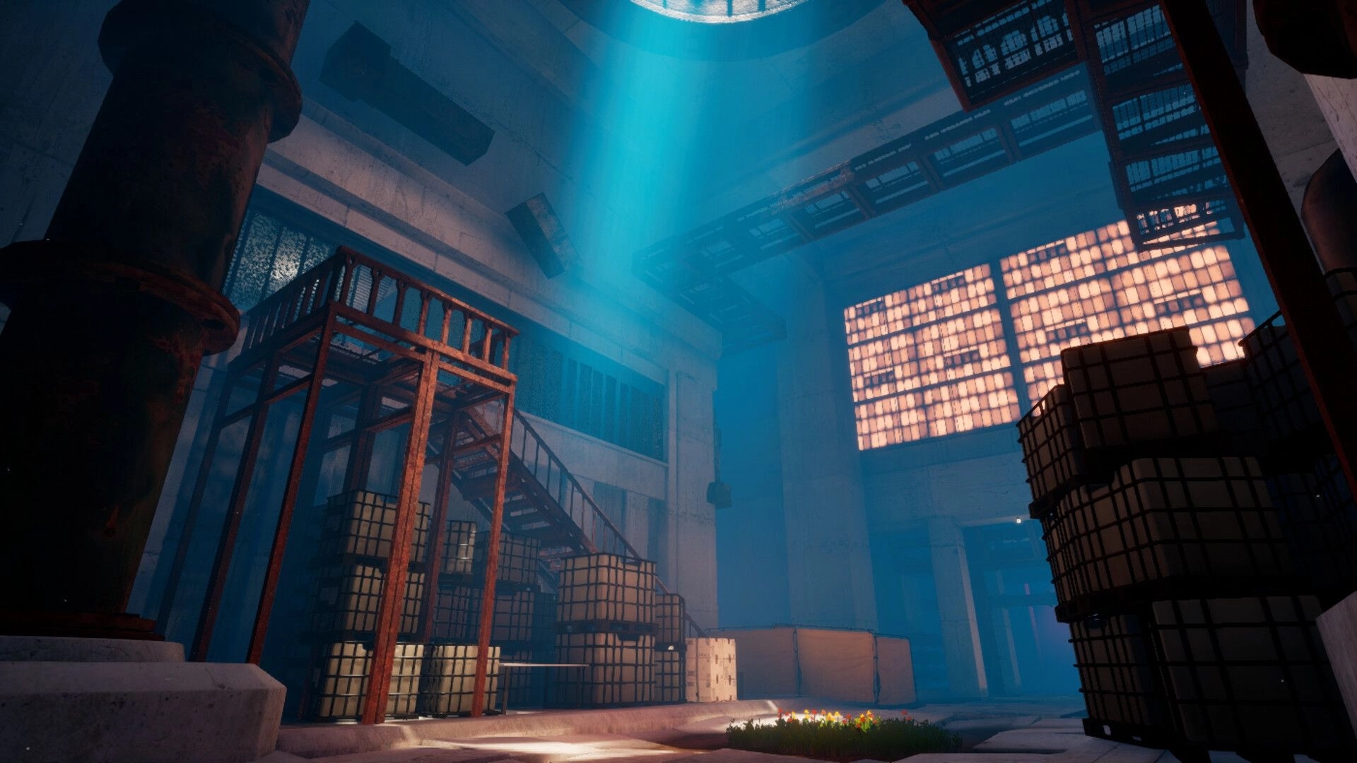 Always With You: Sunlit warehouse interior with stacked crates and a staircase leading to upper platforms