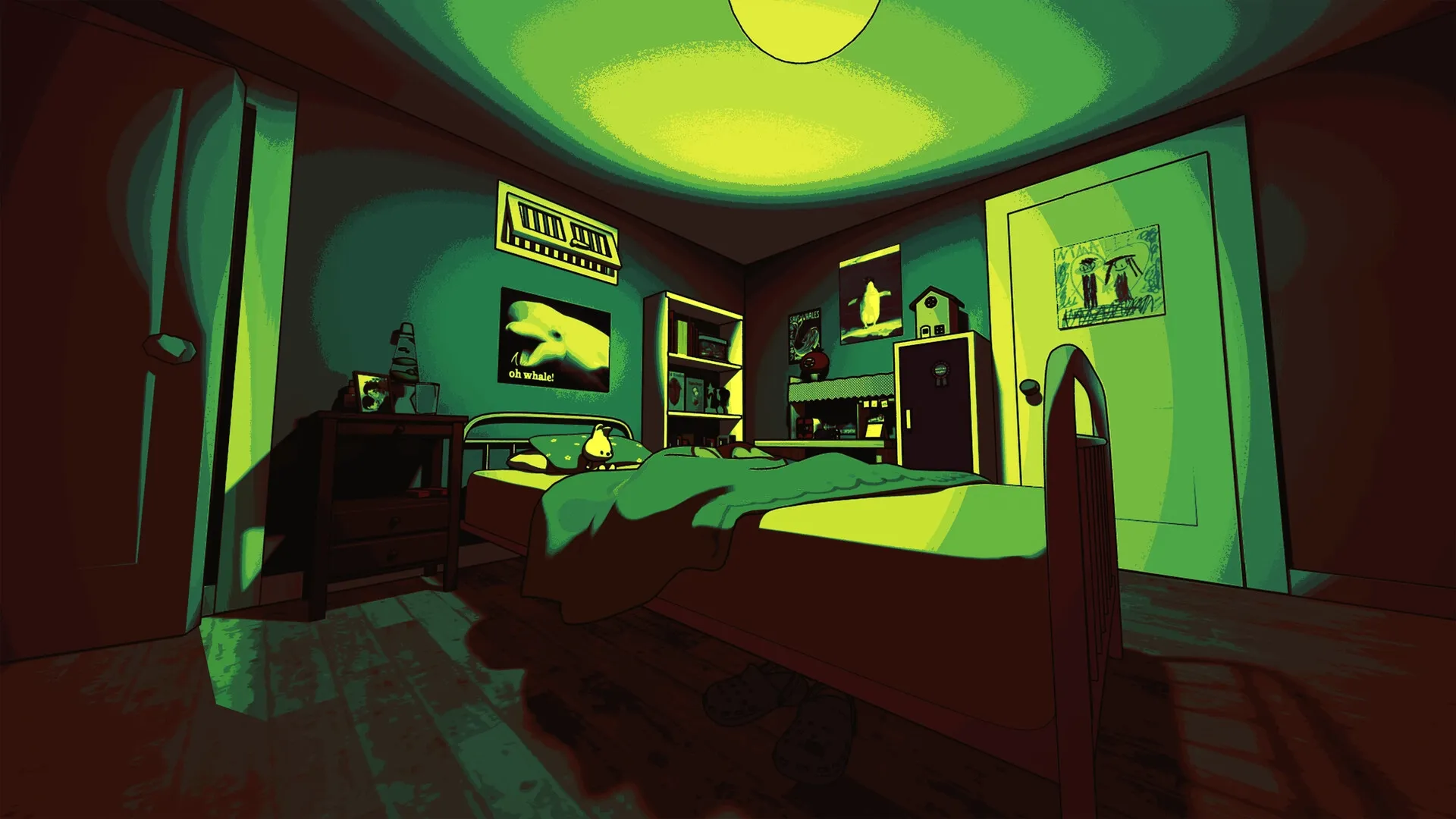 Am I Nima: Dimly lit bedroom with posters, a bed, and a glowing ceiling light casting eerie shadows
