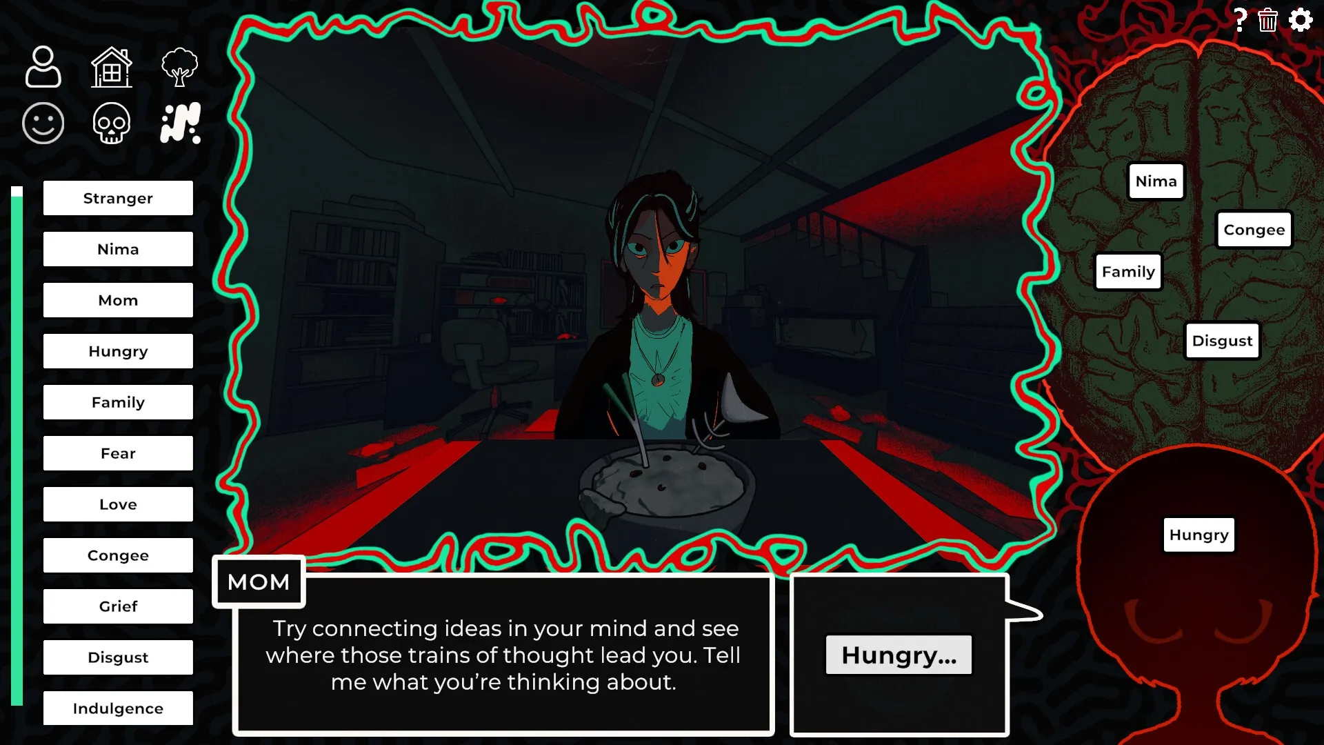 Am I Nima: Confronting mom in dim room with dialogue choices and brain interface on screen