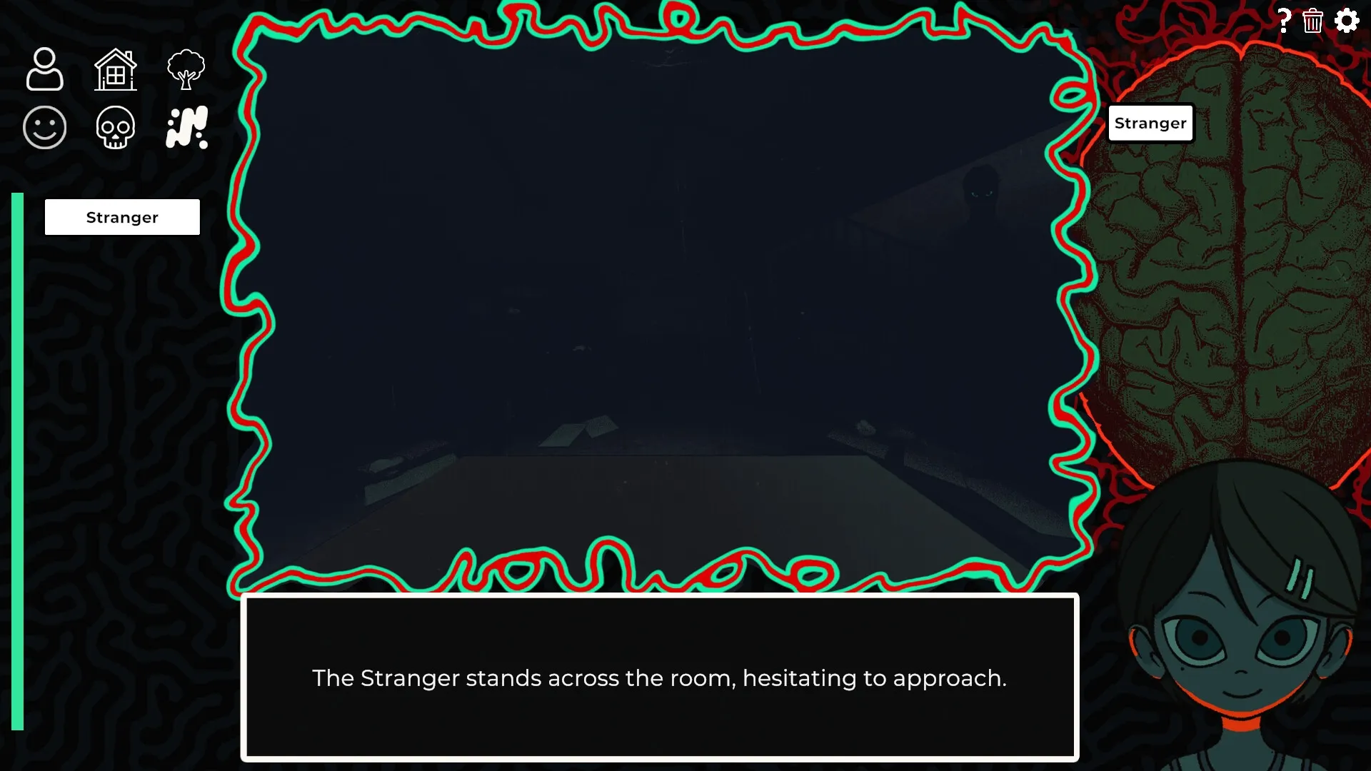 Am I Nima: Stranger stands in dimly lit room, surrounded by eerie interface with character icons visible.
