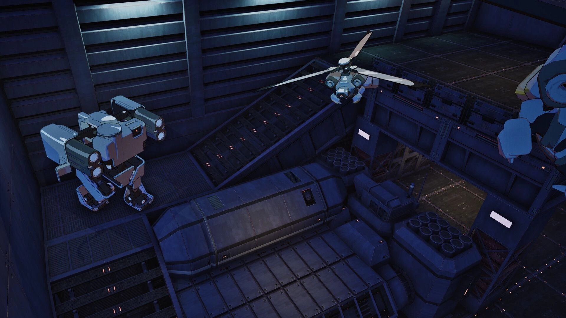 Amalgam: Combat mech faces a hovering drone above metal catwalks in a dim industrial facility.