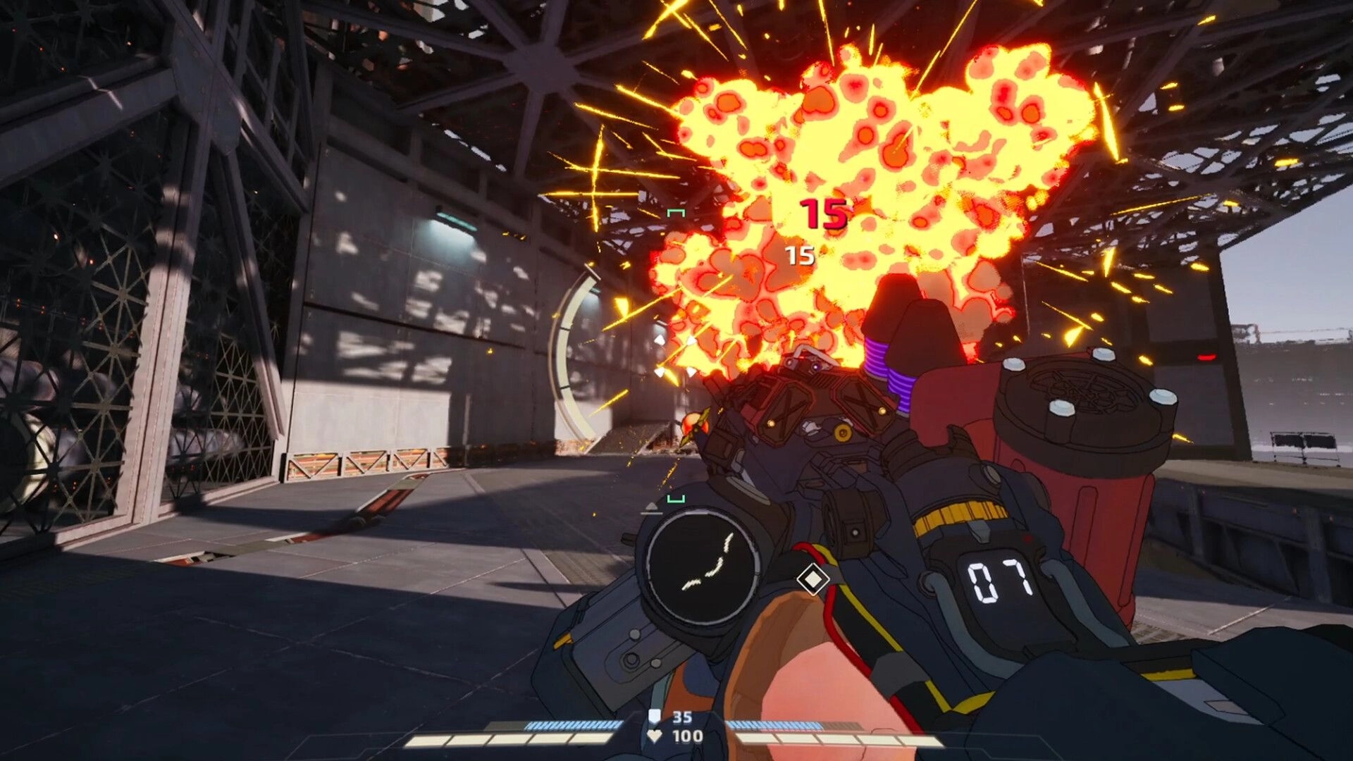 Amalgam: First-person rocket blast hits for 15 damage in a metallic hangar with HUD ammo 07.