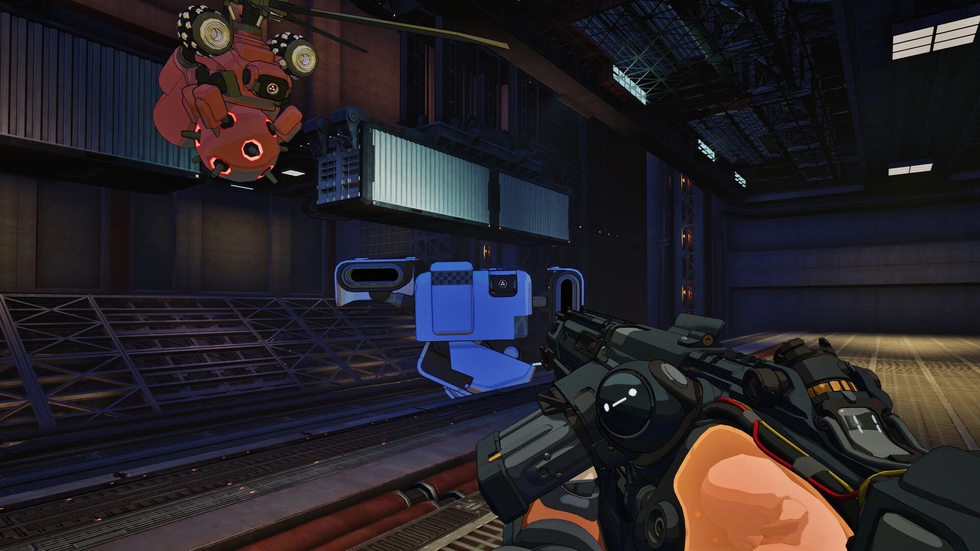 Amalgam: First-person aim at a hovering red drone and blue turret inside a dim industrial hangar.