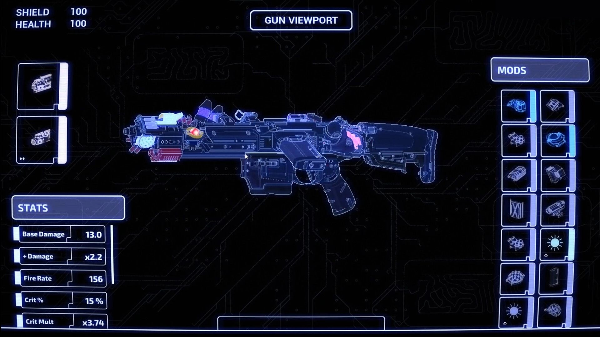 Amalgam: Gun viewport upgrade screen with mod slots and weapon stats on a neon blueprint background.