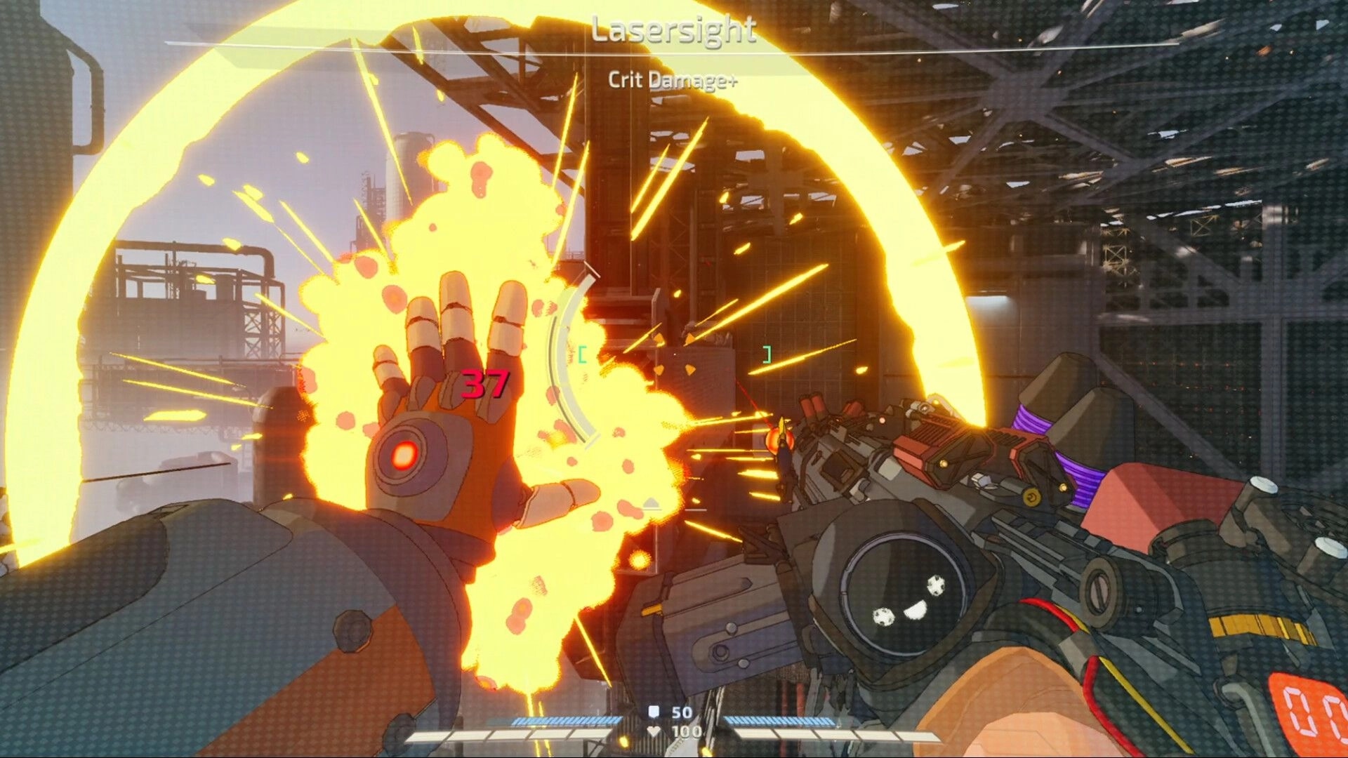 Amalgam: First-person firefight, blocking explosion with cyber hand in industrial ruin, Lasersight UI.