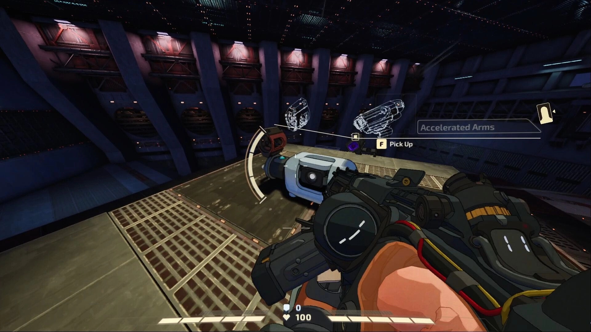 Amalgam: First-person pickup prompt for Accelerated Arms upgrade on a grated sci-fi catwalk.