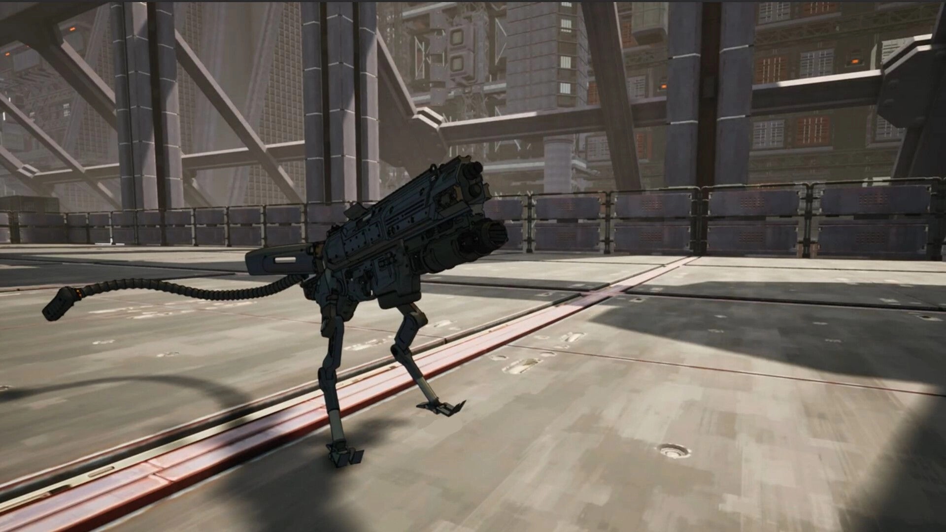 Amalgam: Four-legged pet gun stands on a metal platform inside a vast industrial facility hall.