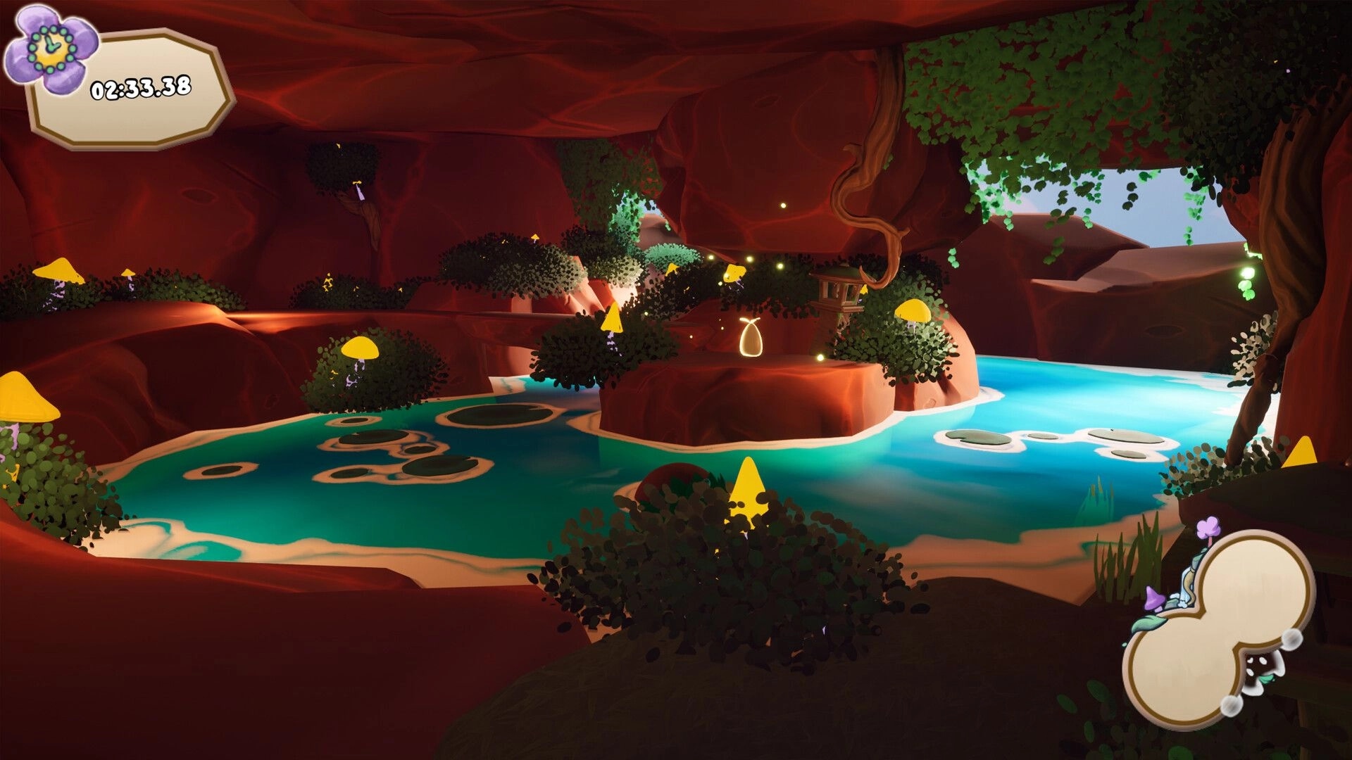 Amato: Explore a vibrant cave with glowing mushrooms and a serene turquoise pool under a time display.