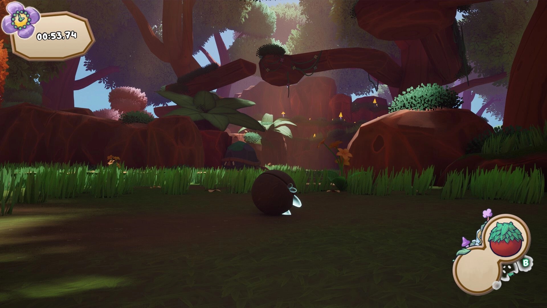 Amato: Forest spirit explores lush woodland with timer and inventory icons on screen