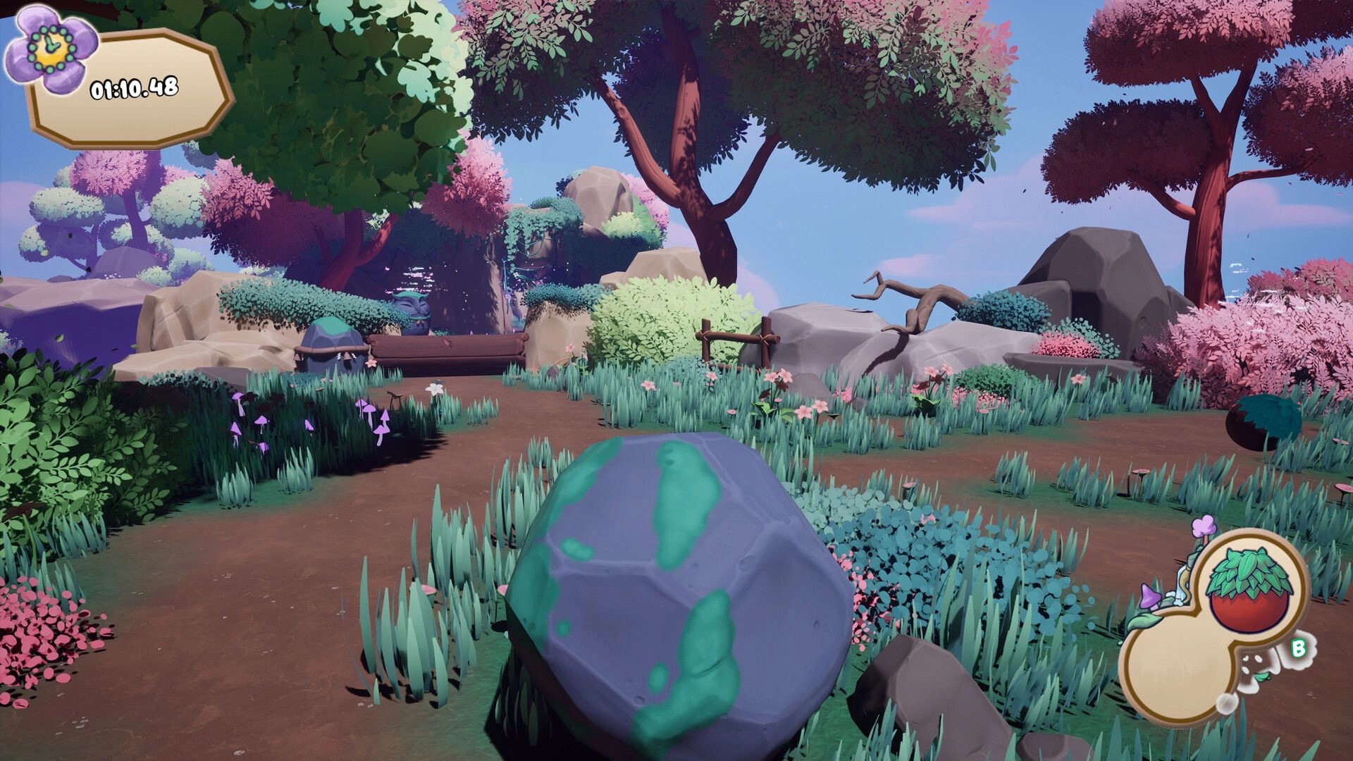 Amato: Rolling a mossy boulder in a vibrant forest with a timer and inventory icons displayed
