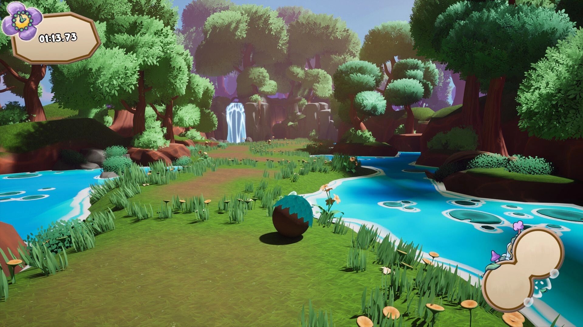Amato: Forest spirit exploring lush riverside, timer and decorative UI elements visible in serene setting