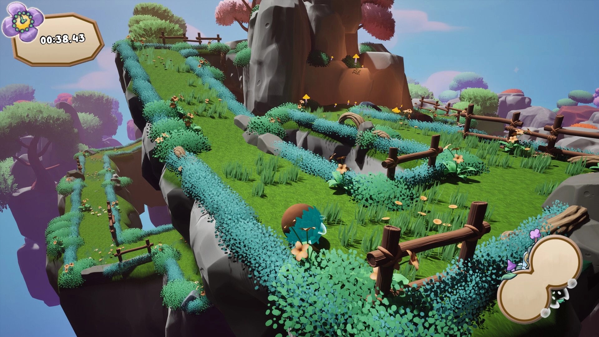 Amato: Forest spirit navigates a lush floating island maze with timer and map UI elements visible