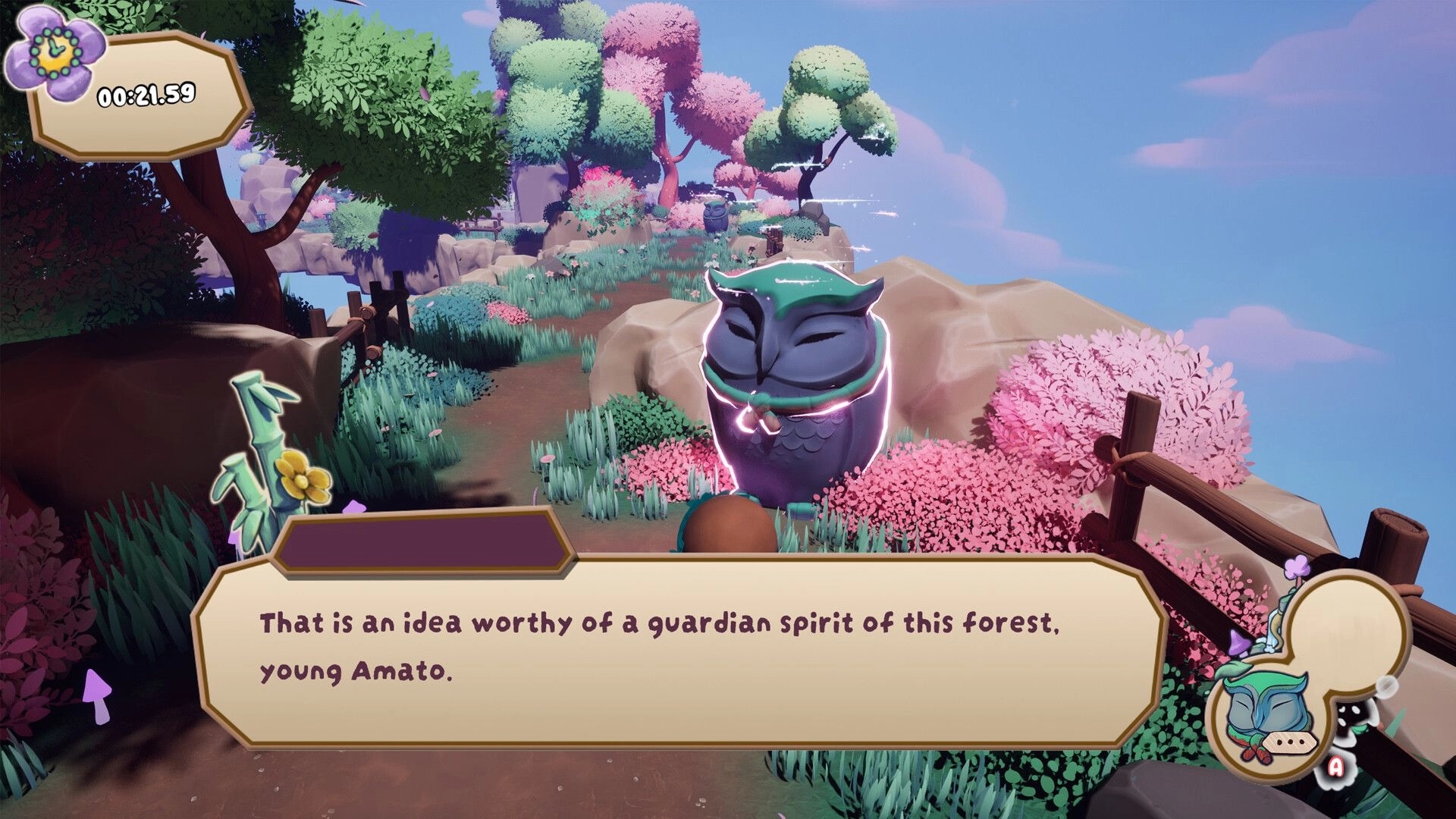 Amato: Dialog with an owl statue in a colorful forest setting, timer at top left, text box displayed.