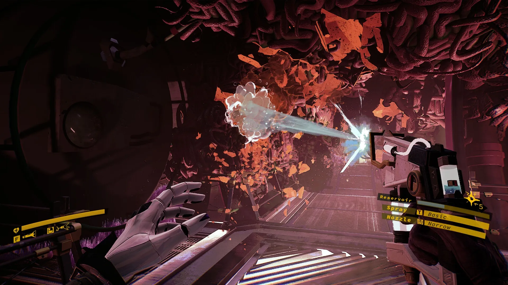 Ambrosia Sky: Dalia uses a futuristic tool to combat alien fungus in a dimly lit space station corridor.
