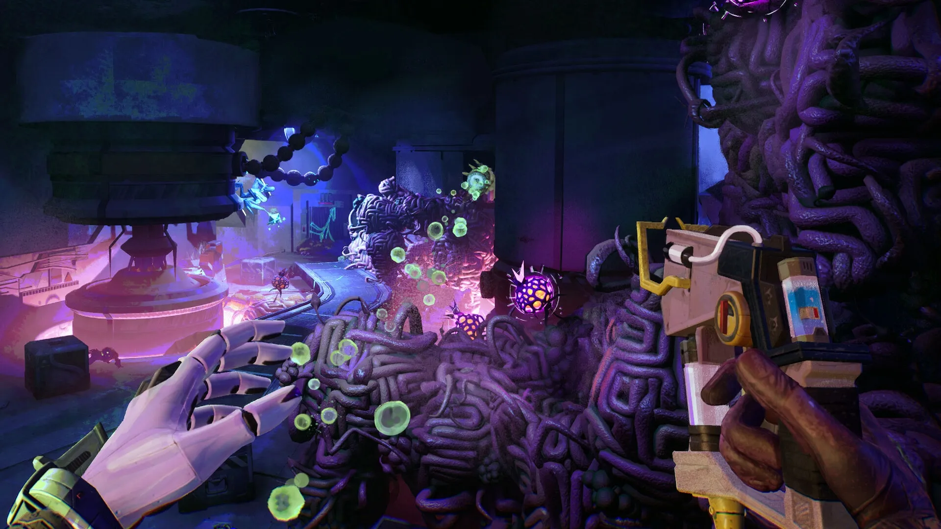 Ambrosia Sky: Dalia cleanses alien fungus with a high-tech tool in a dark, alien-infested corridor.