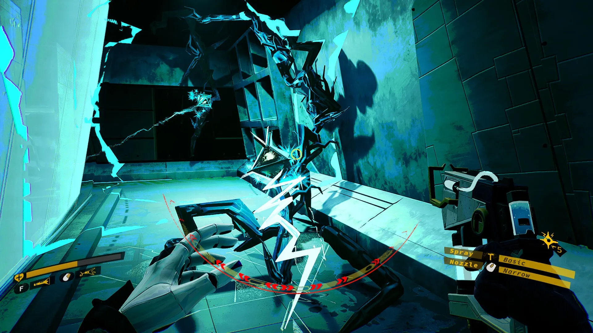 Ambrosia Sky: Dalia uses a futuristic tool to cleanse alien fungus in a dimly lit space facility.