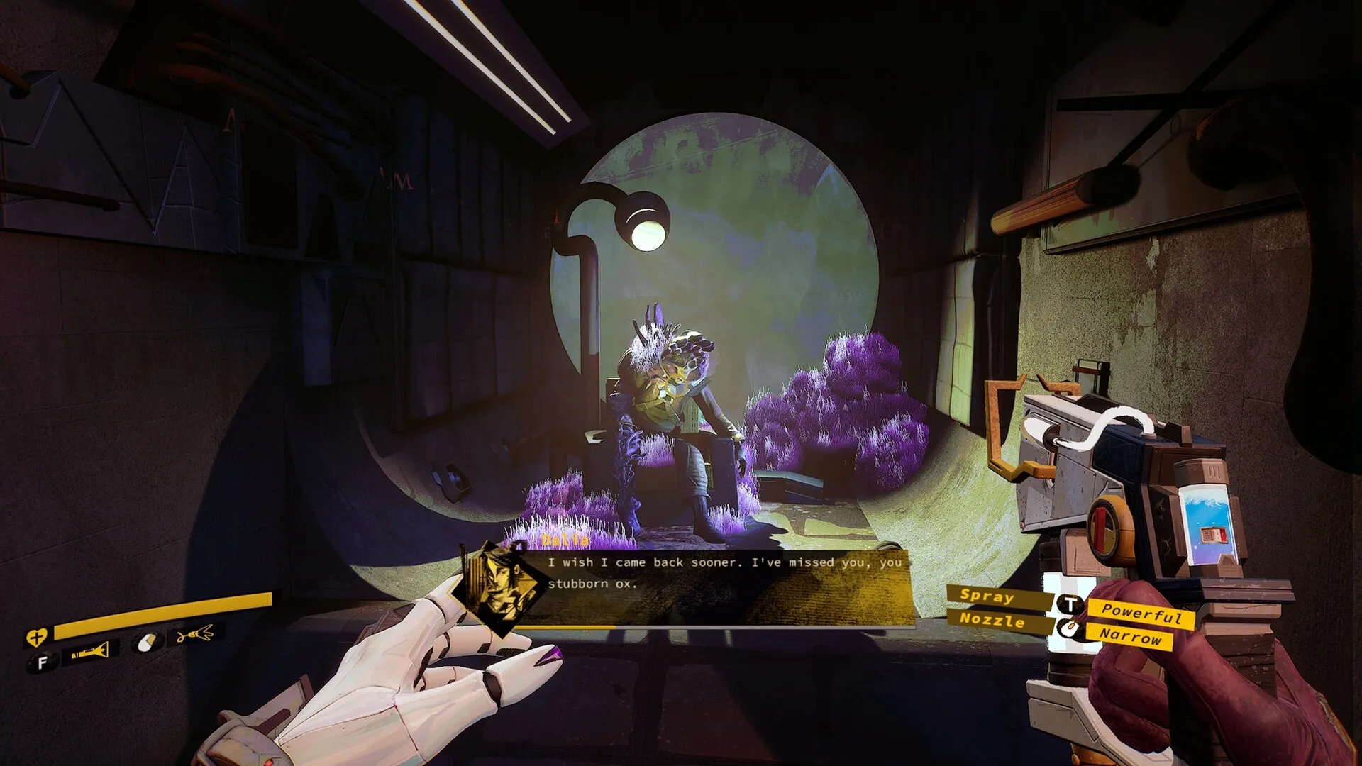 Ambrosia Sky: Dalia aims tool at alien fungus-covered figure in dimly lit spaceship corridor