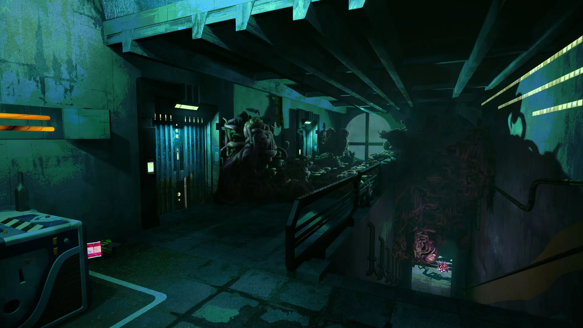 Ambrosia Sky: Dalia confronts alien fungus in dimly lit corridor with industrial doors and greenish walls