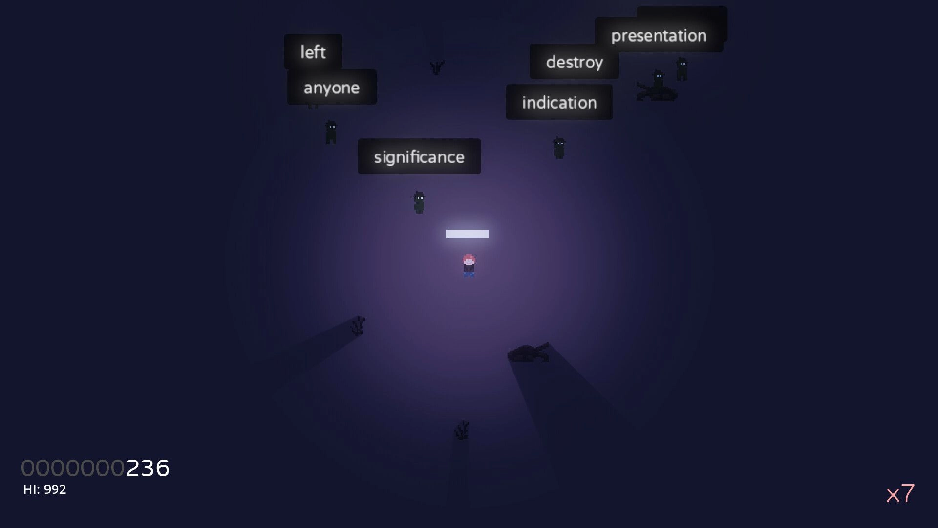 Amerta: Player surrounded by zombies with words to type, score and multiplier shown in dark environment