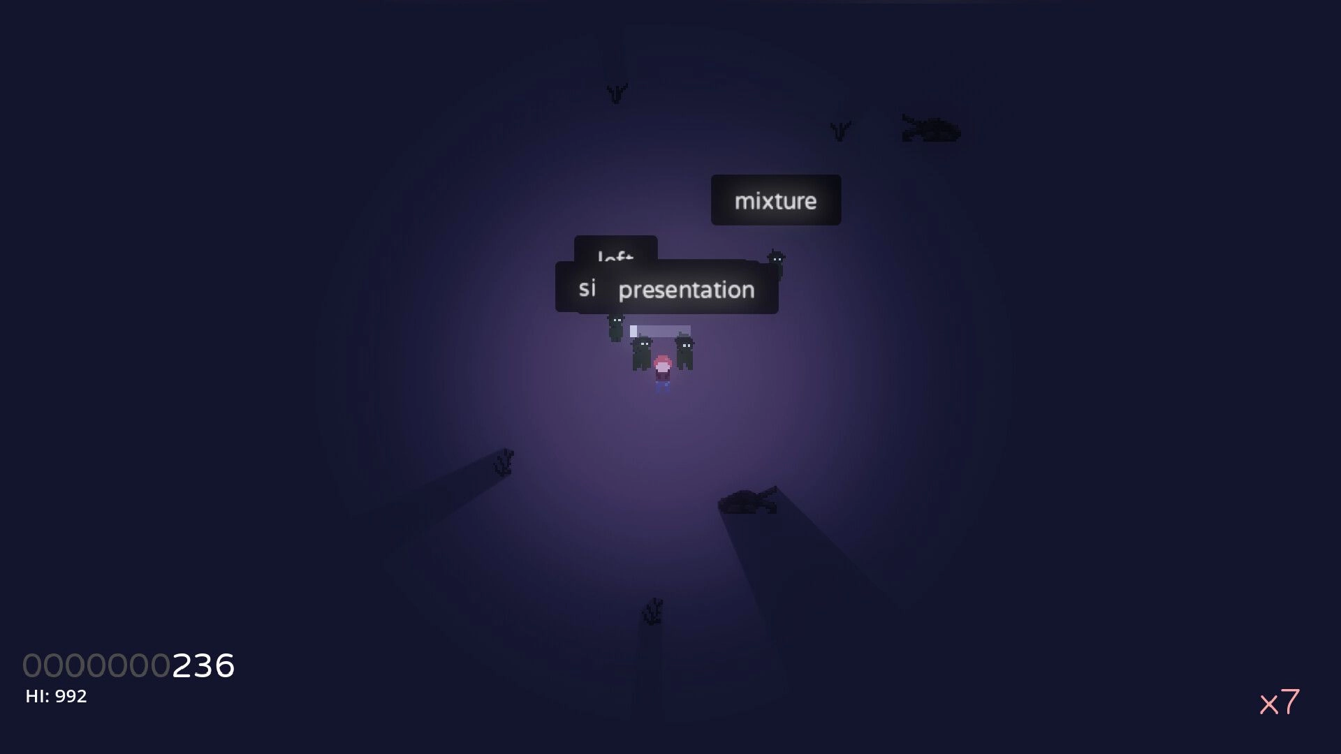 Amerta: Player surrounded by zombies in dark arena, typing words to survive; score displayed bottom left