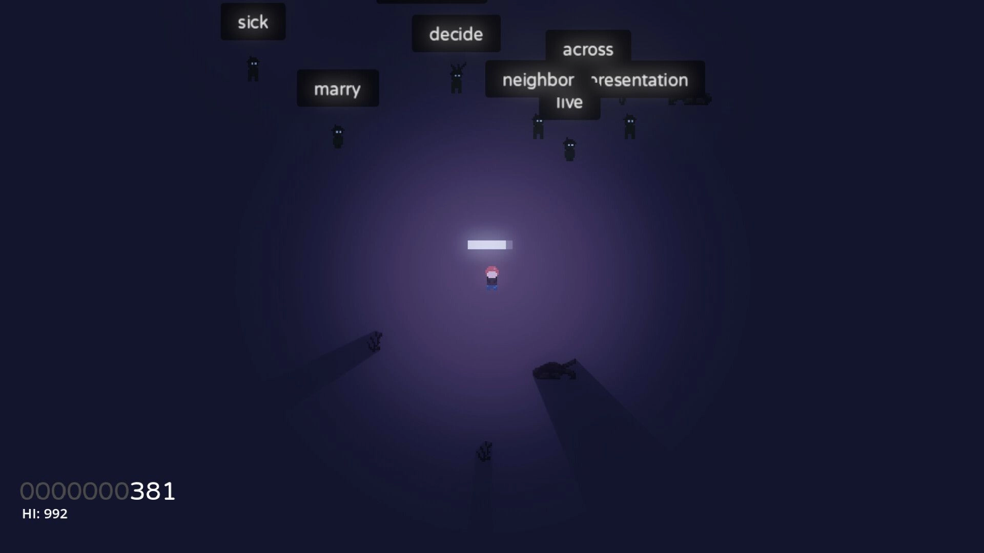 Amerta: Player surrounded by zombies with words above, score displayed on dark battlefield environment.