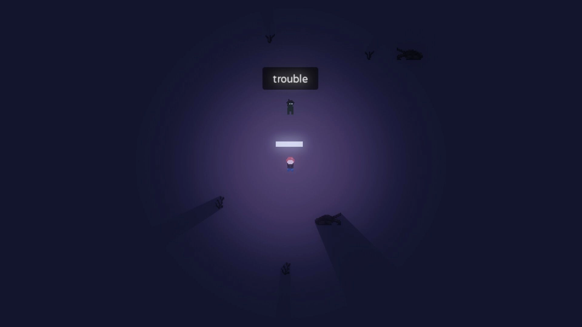 Amerta: Player faces zombie in dark arena, typing "trouble" to attack, surrounded by shadows