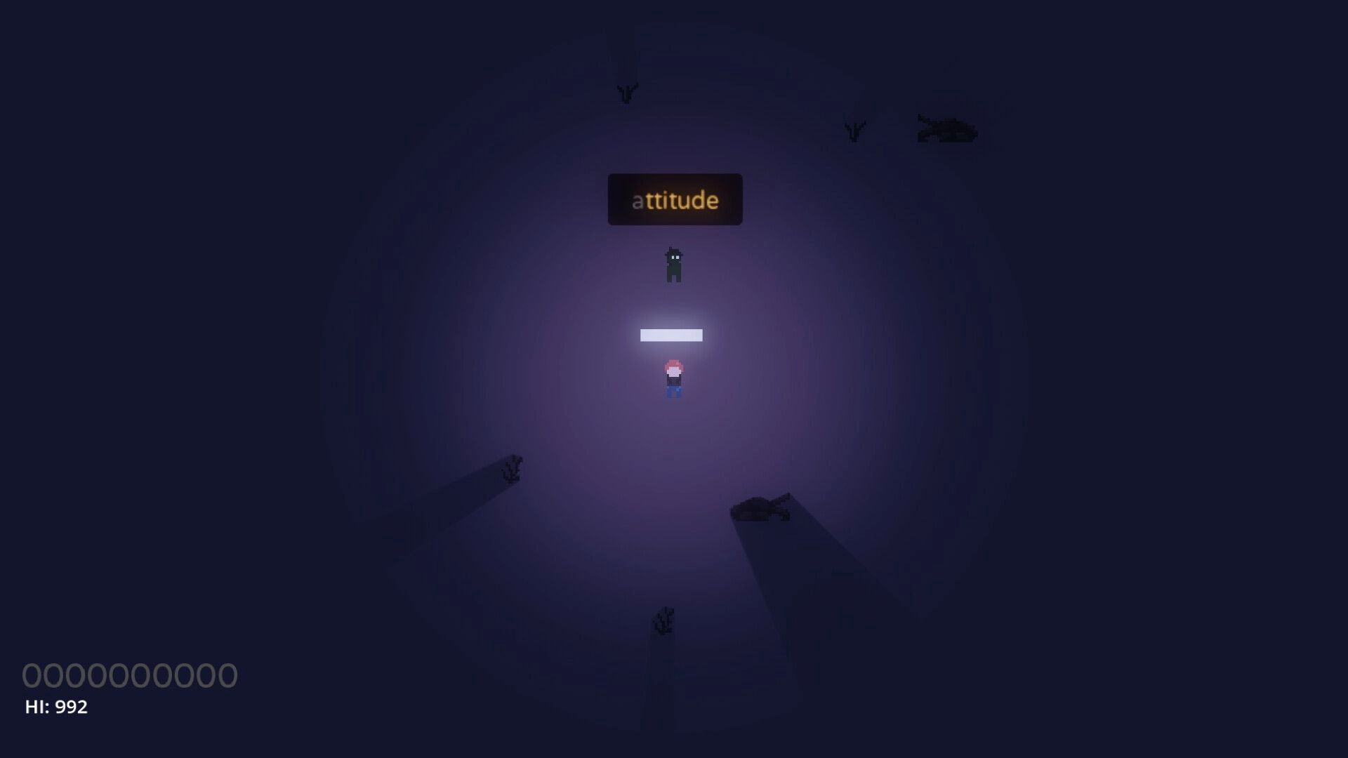 Amerta: Player faces zombie in dark area, typing "attitude" with score and high score displayed below