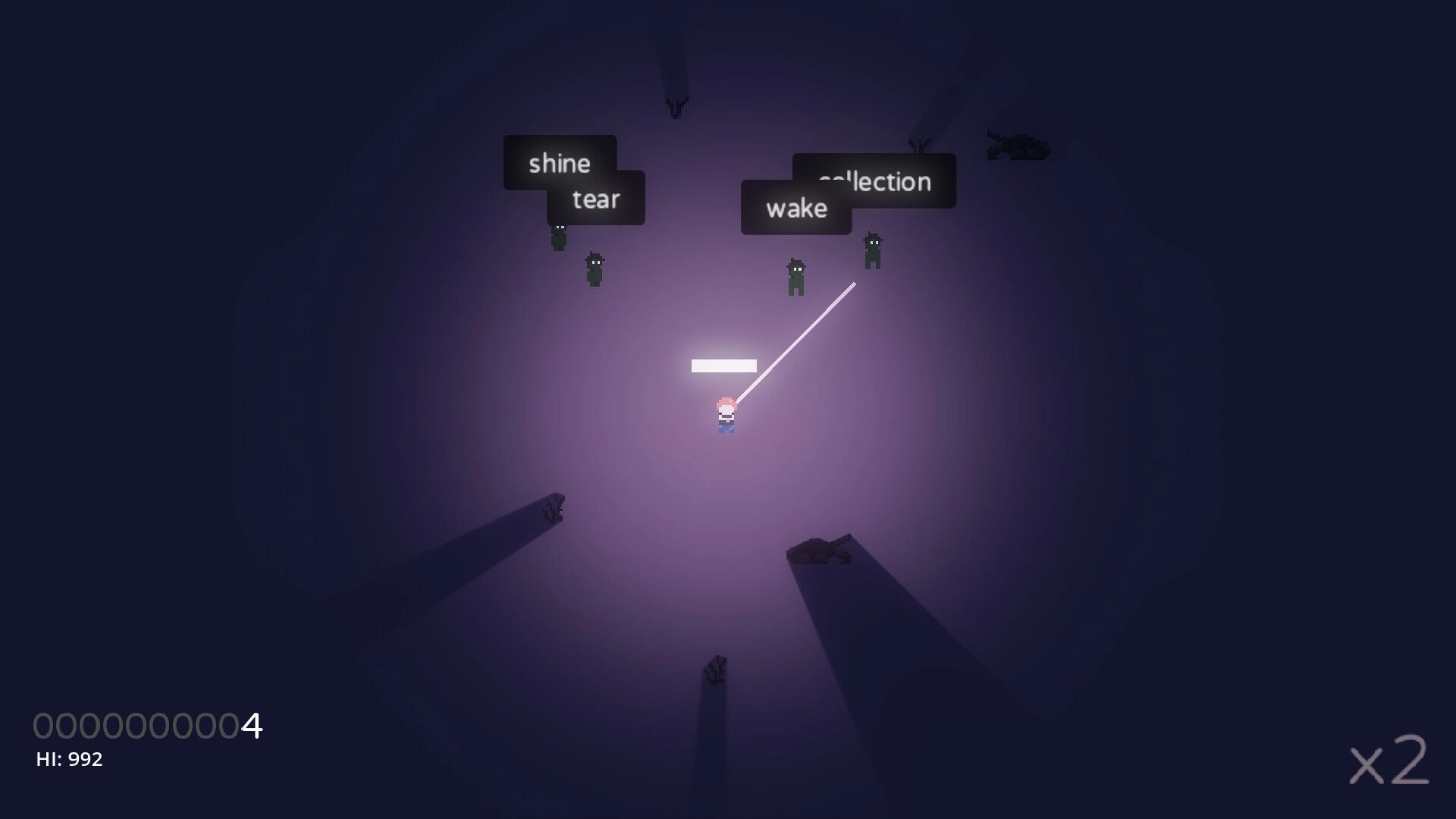 Amerta: Player typing to shoot approaching zombies in a dark arena with words above their heads