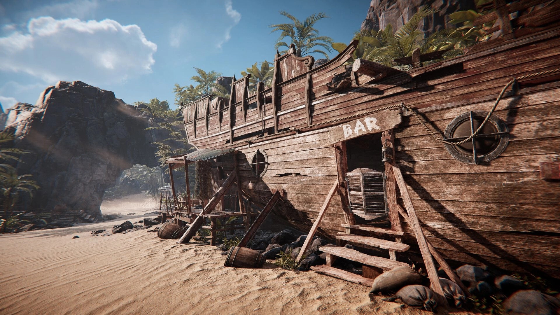 Amerzone: Abandoned wooden ship bar on sandy beach with rocky arch under clear blue sky