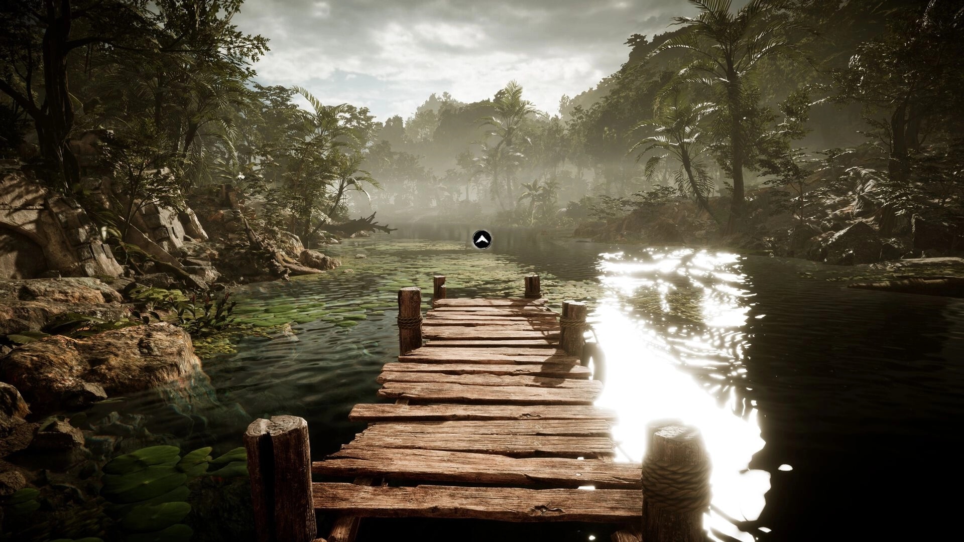 Amerzone: Wooden dock leading into misty jungle river surrounded by dense tropical foliage