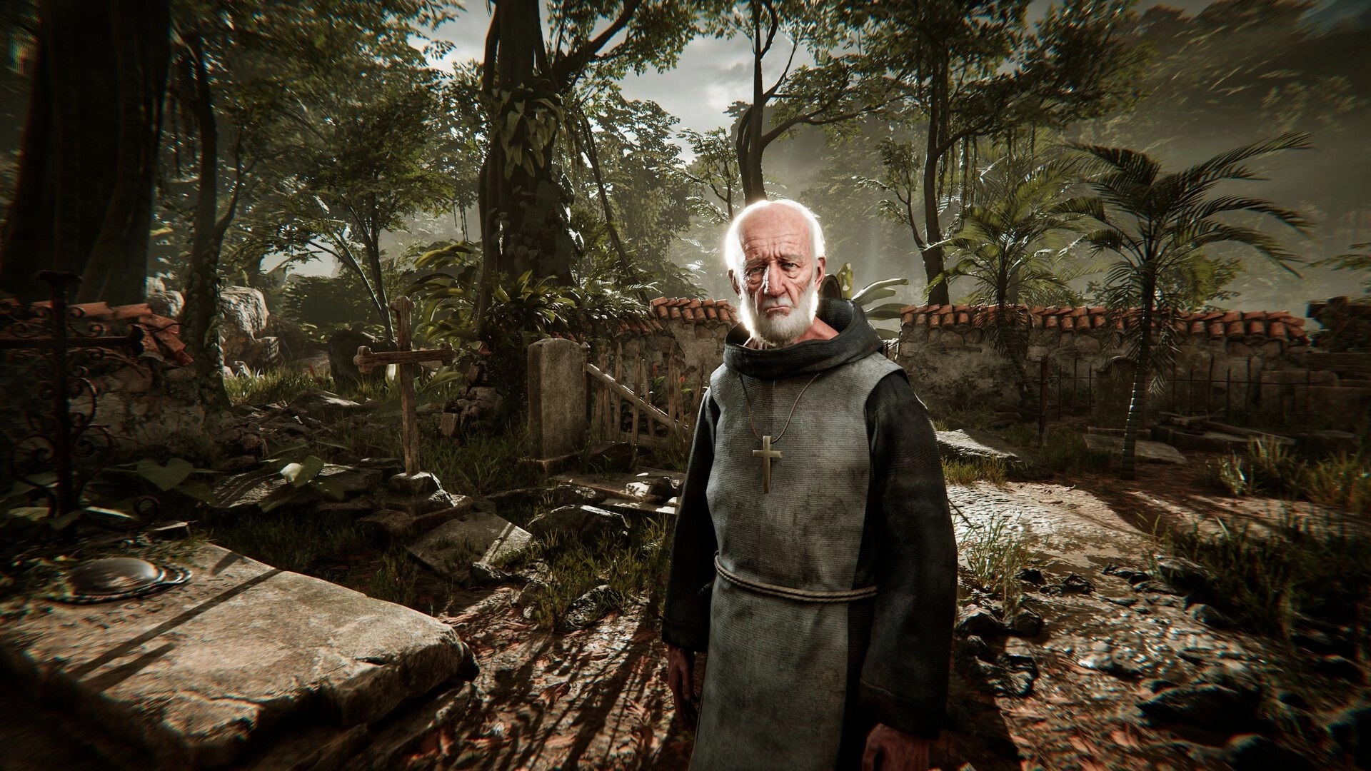 Amerzone: Elderly man in monk robe stands in lush jungle environment with stone cross nearby