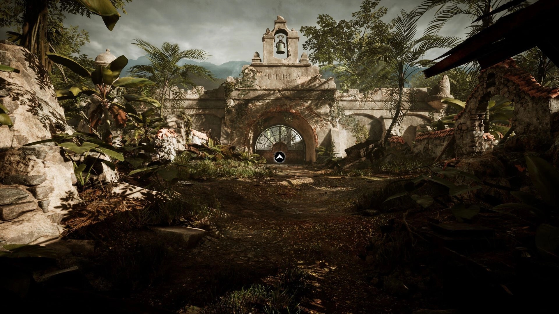 Amerzone: Overgrown stone archway in lush jungle setting with interactive icon centered