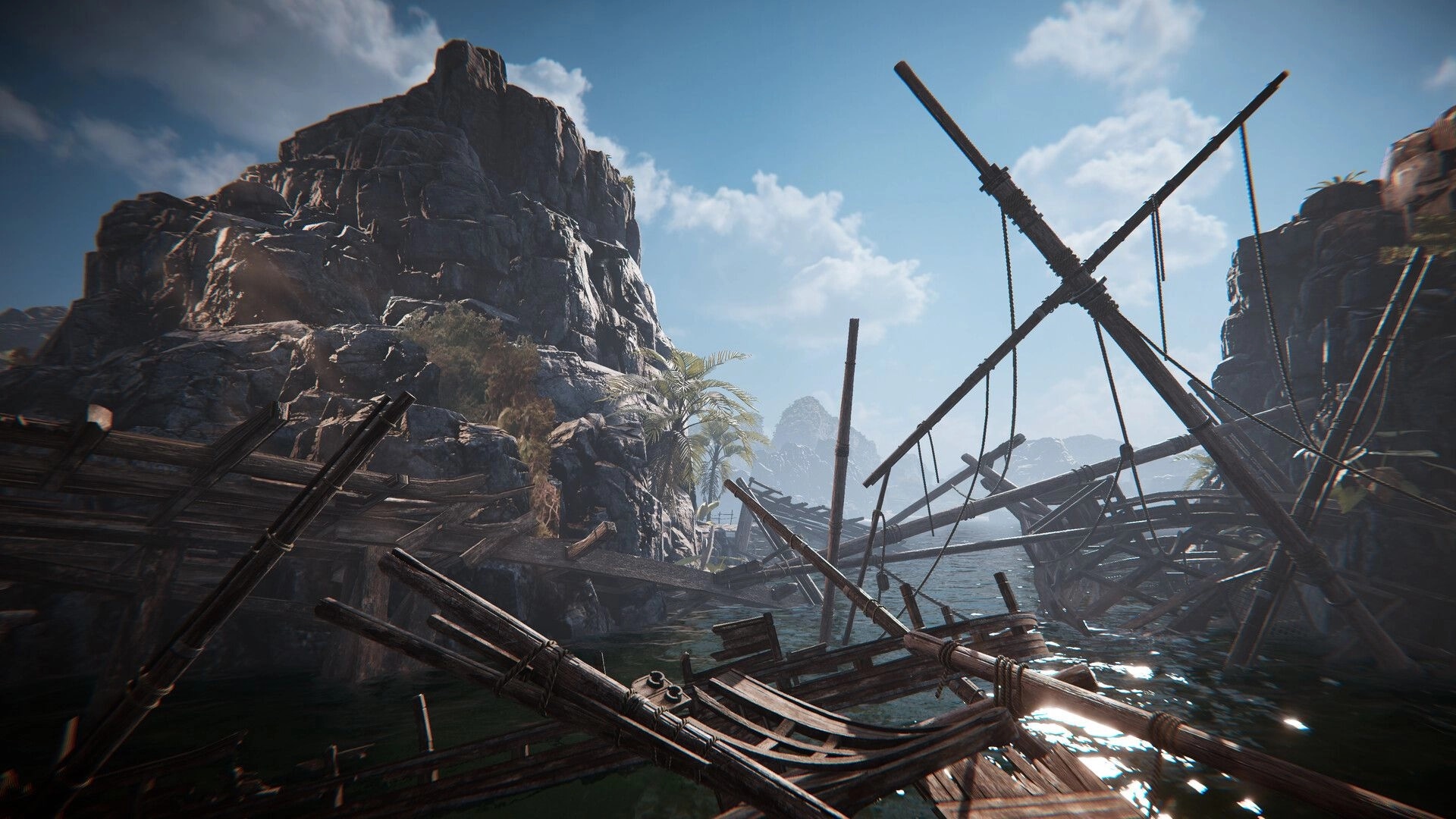 Amerzone: Abandoned wooden structures in a serene coastal landscape with rocky cliffs and palm trees
