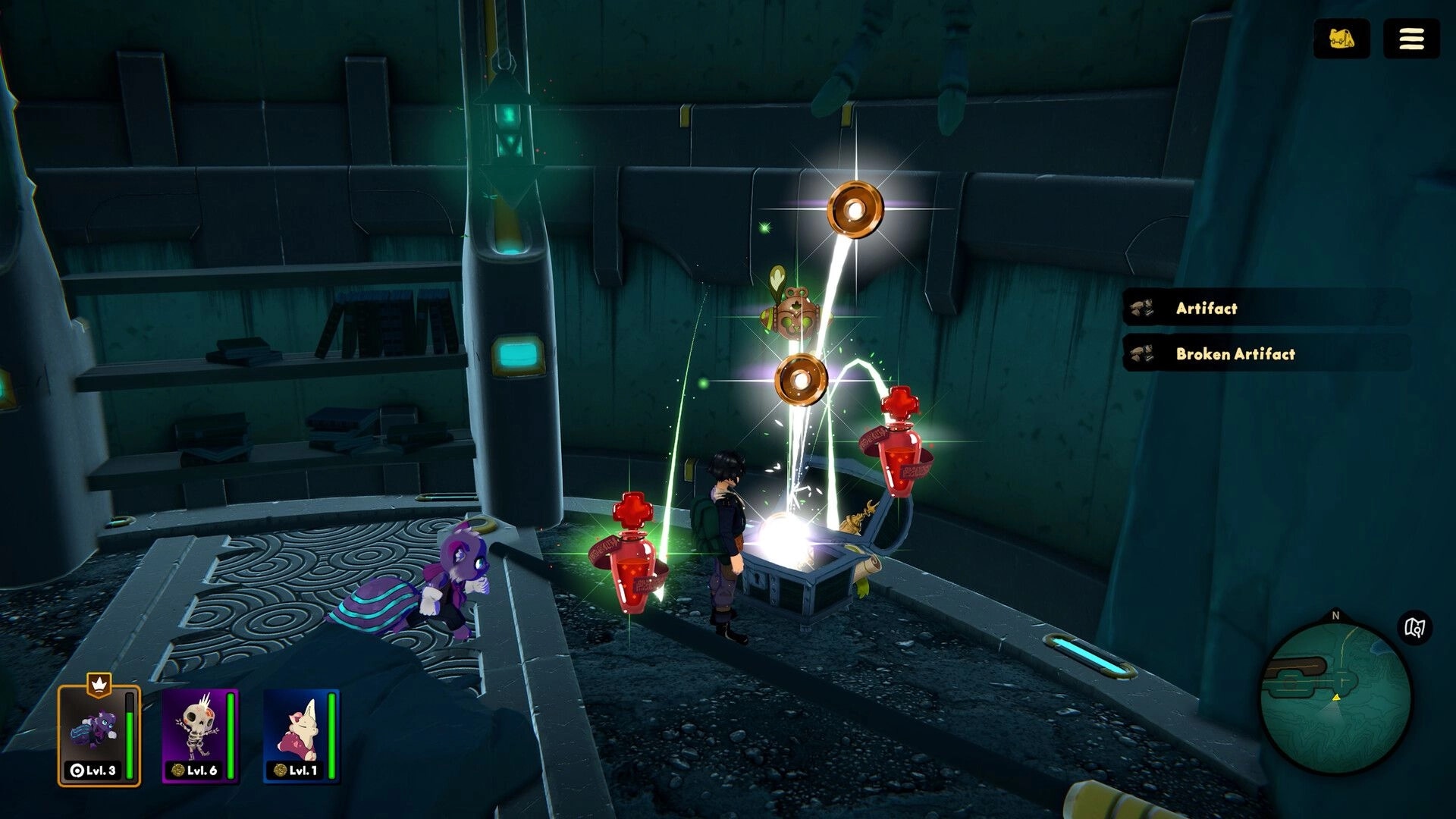 Amiko Legends: Player activates glowing artifact device in stone room, loot list and minimap UI visible.