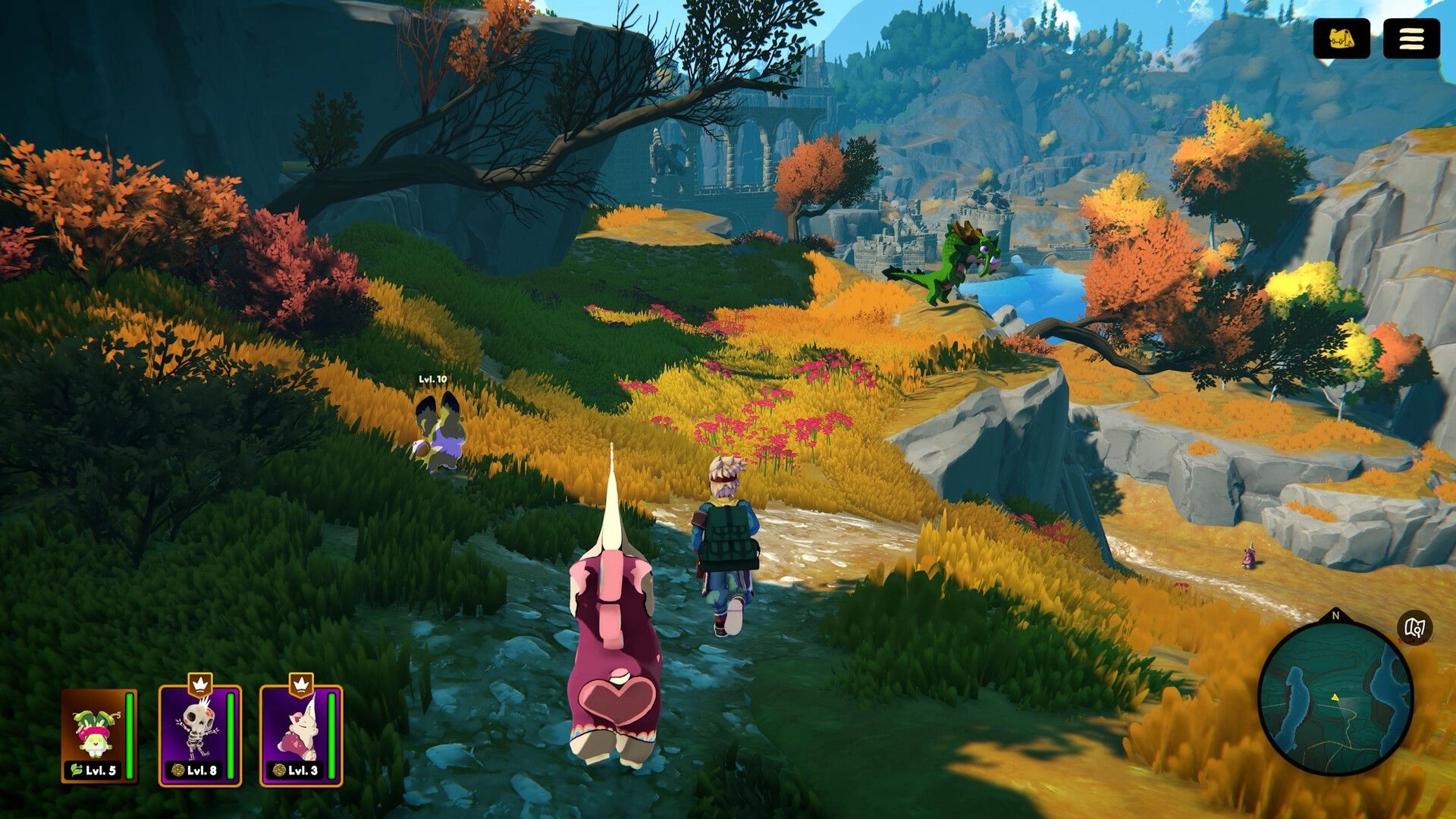 Amiko Legends: Player and companions explore grassy cliff path above river valley, minimap and party UI visible.