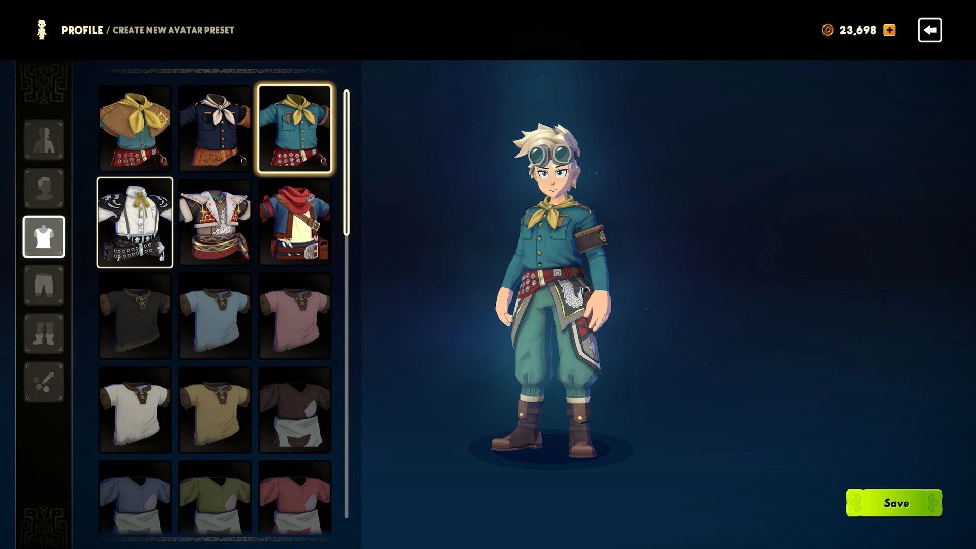 Amiko Legends: Avatar outfit selection menu with clothing grid and character preview on blue screen.