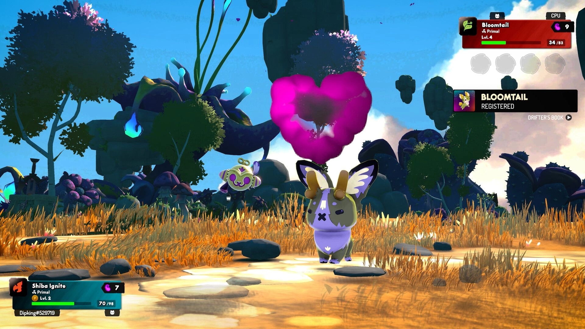 Amiko Legends: Bloomtail registered with heart aura in grassy clearing with floating rocks and HUD.