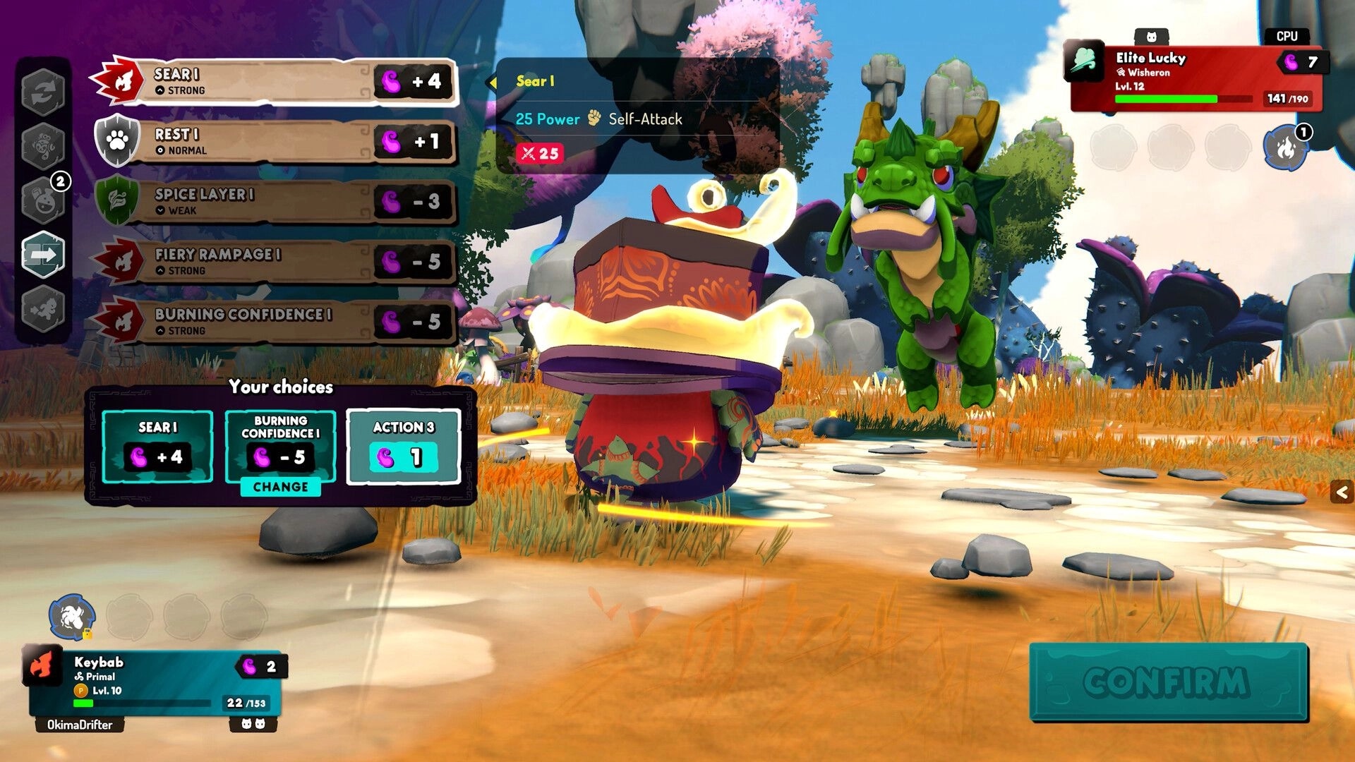 Amiko Legends: Turn-based battle choice menu as Keybab faces Elite Lucky in a rocky grassland arena.