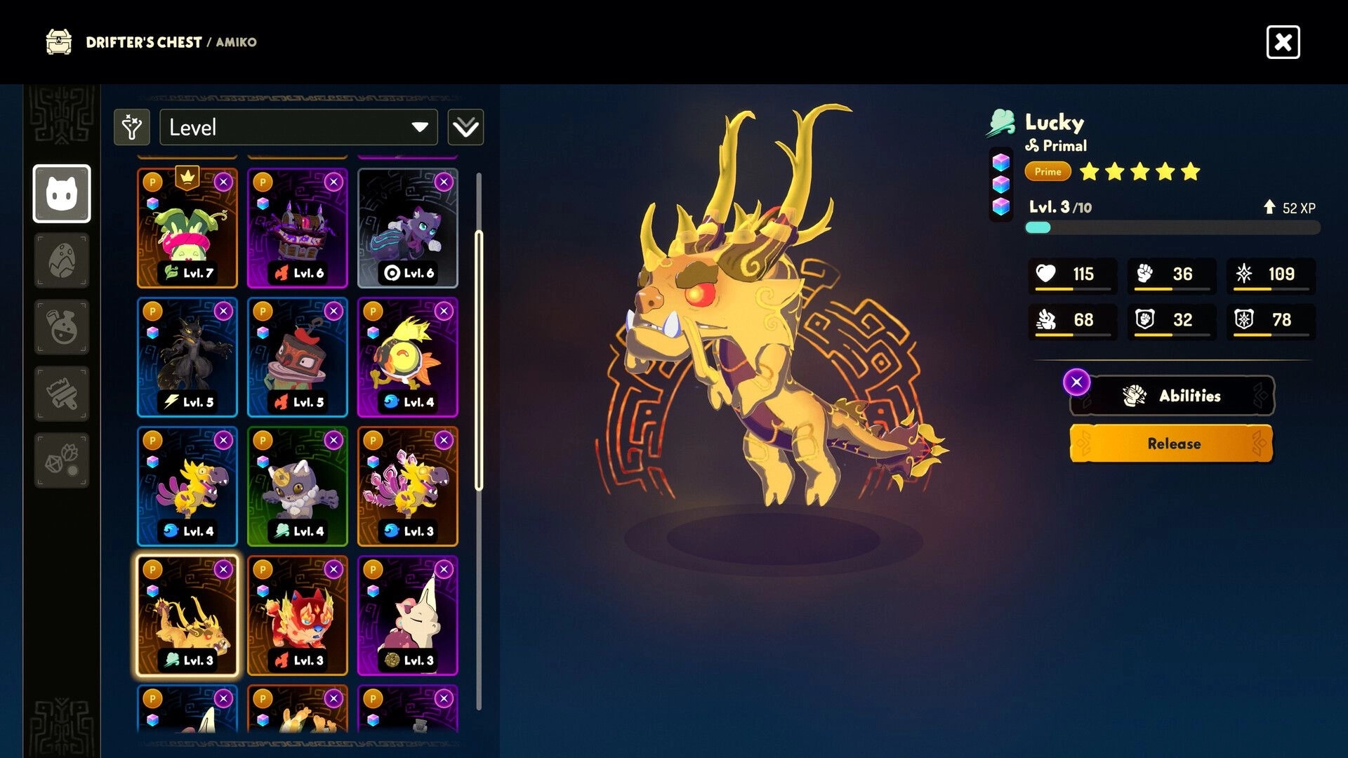 Amiko Legends: Drifter's Chest pet menu with Lucky preview and stats beside a grid of Amiko cards.