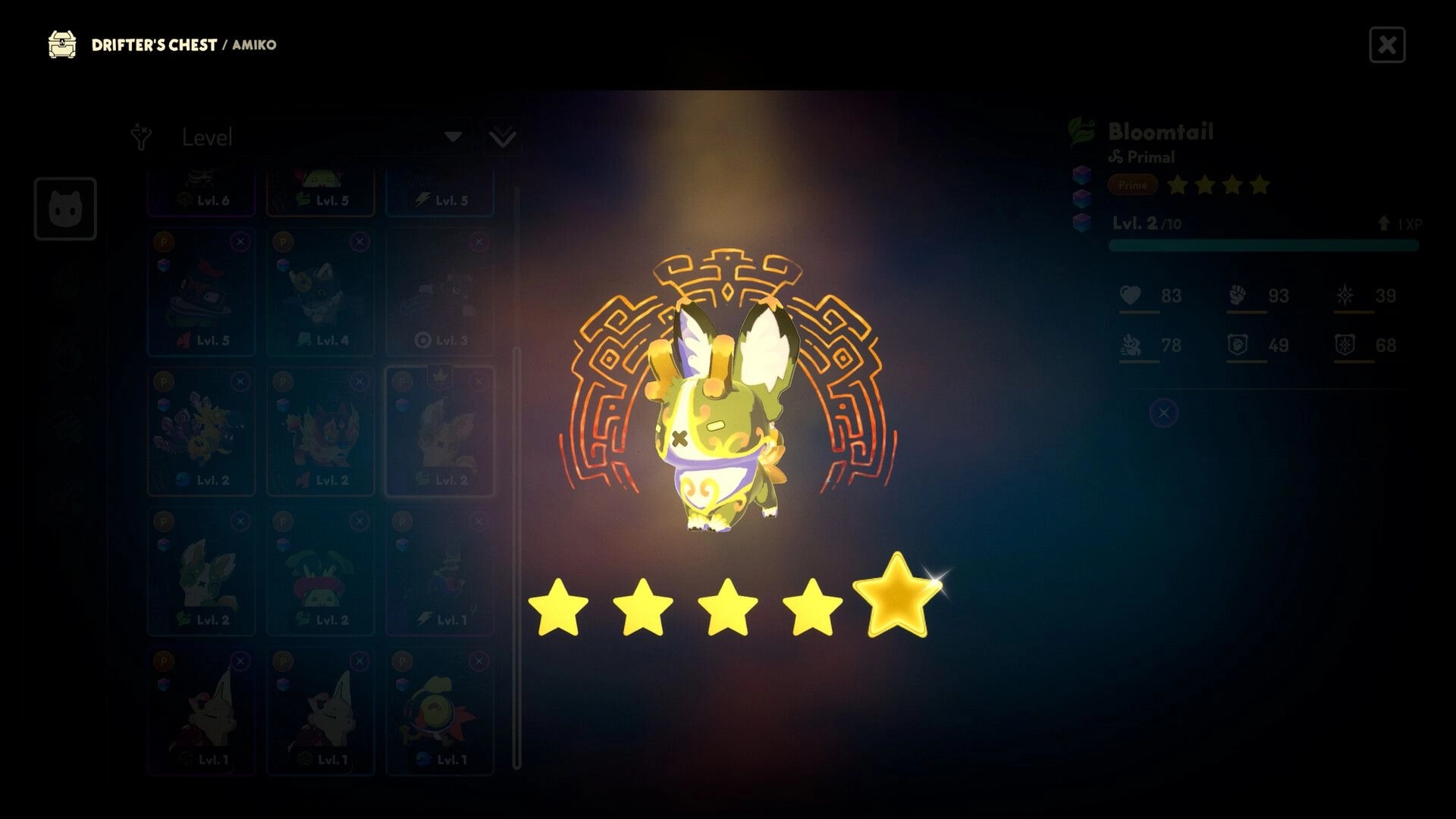 Amiko Legends: Drifter's Chest reward popup with Bloomtail creature and five-star rating on dark UI.