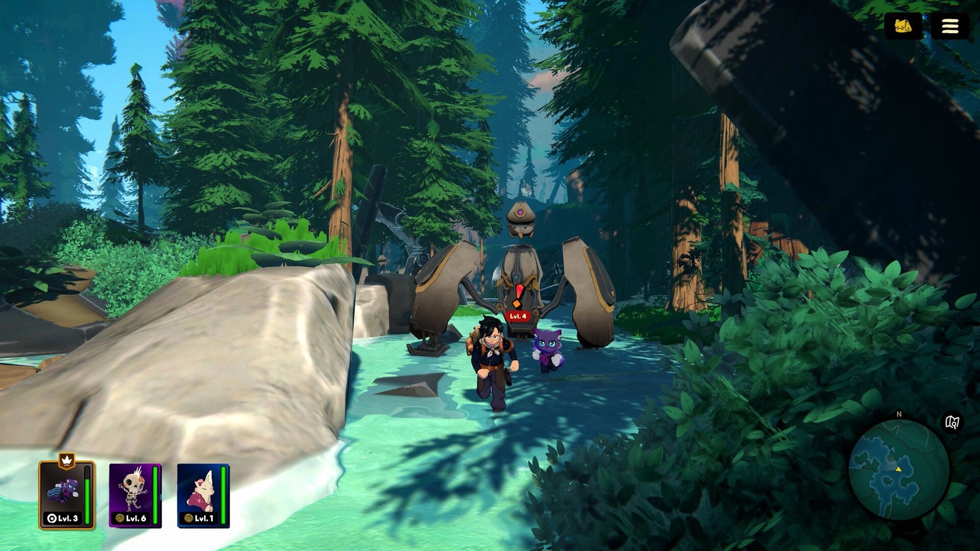 Amiko Legends: Player runs with pet past a lvl 4 robot in forest stream, minimap and cards UI visible.
