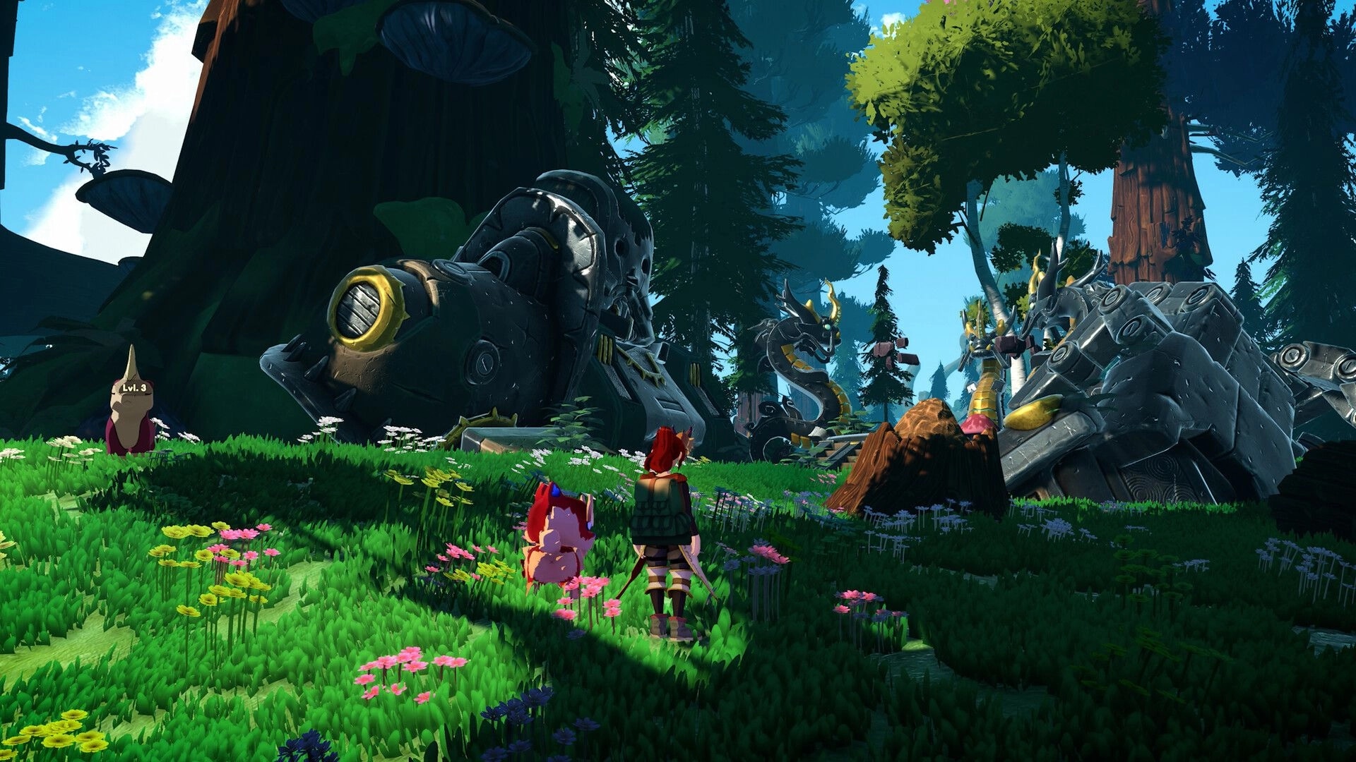 Amiko Legends: Adventurer and pet approach giant robot wreckage in a sunlit forest clearing.