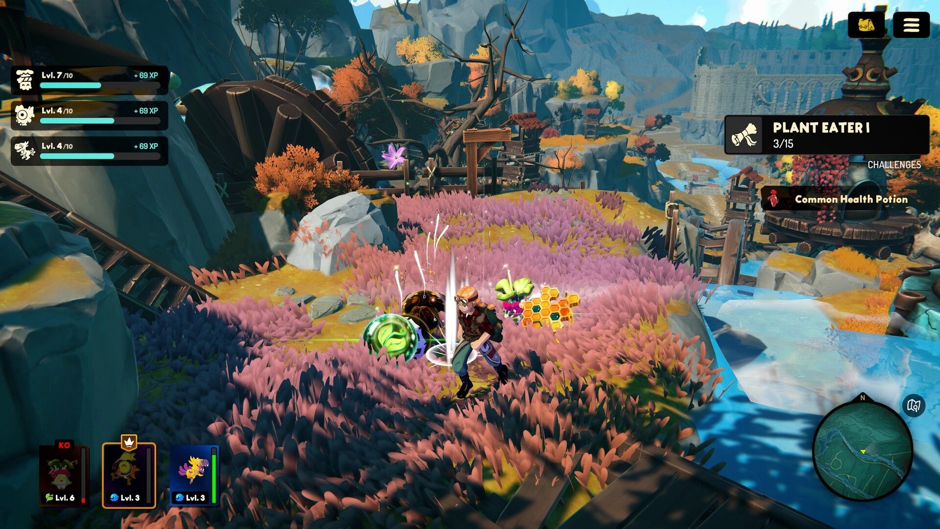 Amiko Legends: Player collects glowing loot in pink grassland near ruins, with challenges UI visible.