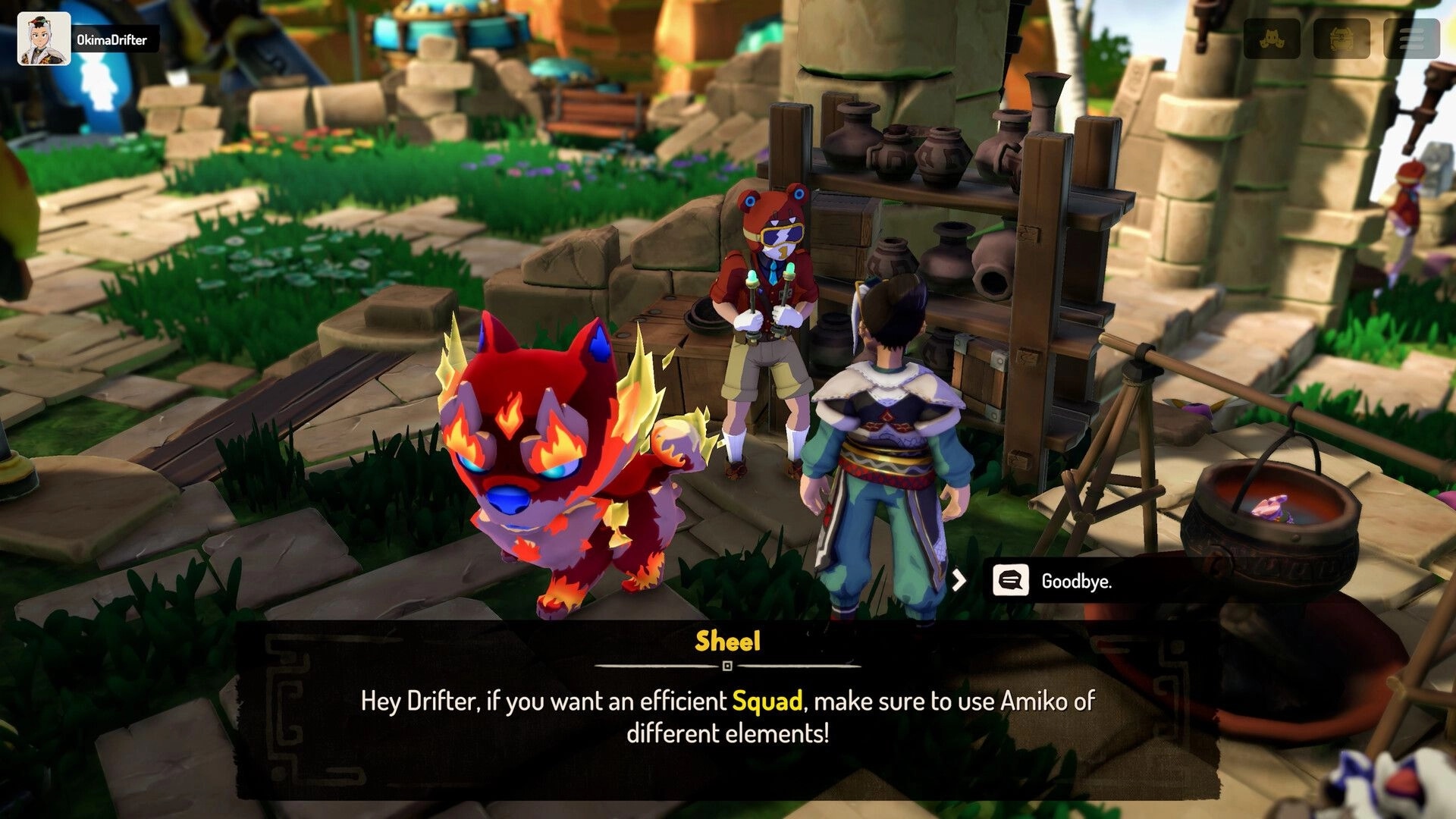 Amiko Legends: Talking to NPC Sheel beside pottery shelves in a stone village, dialogue box open.
